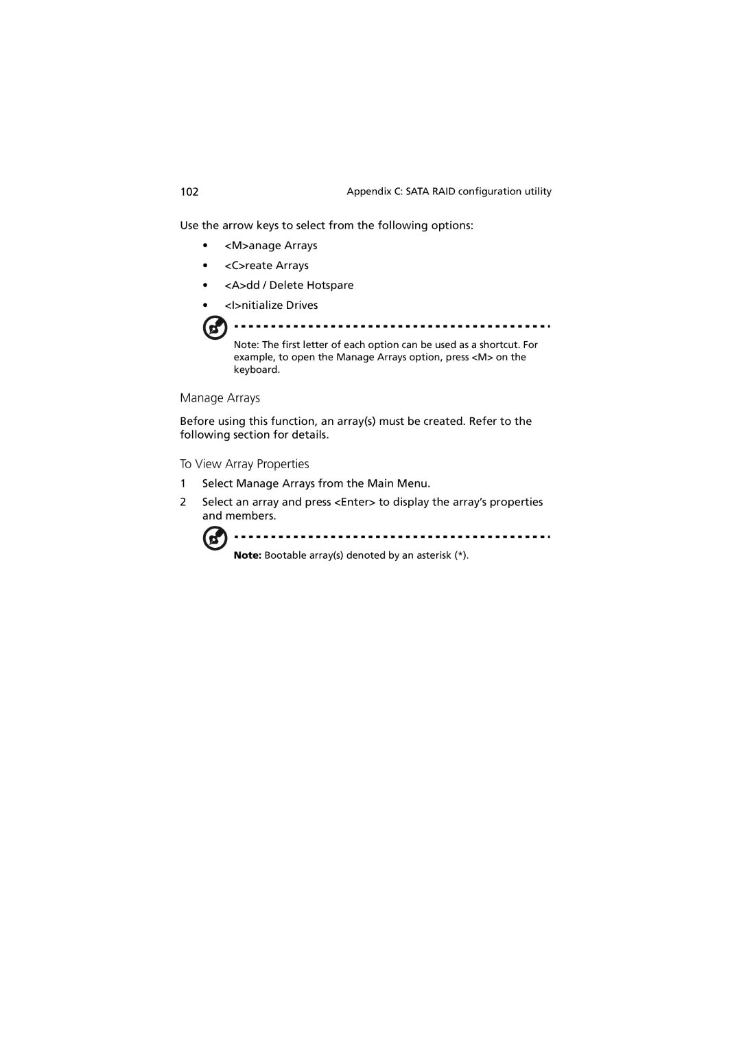 Acer R310 manual Manage Arrays 