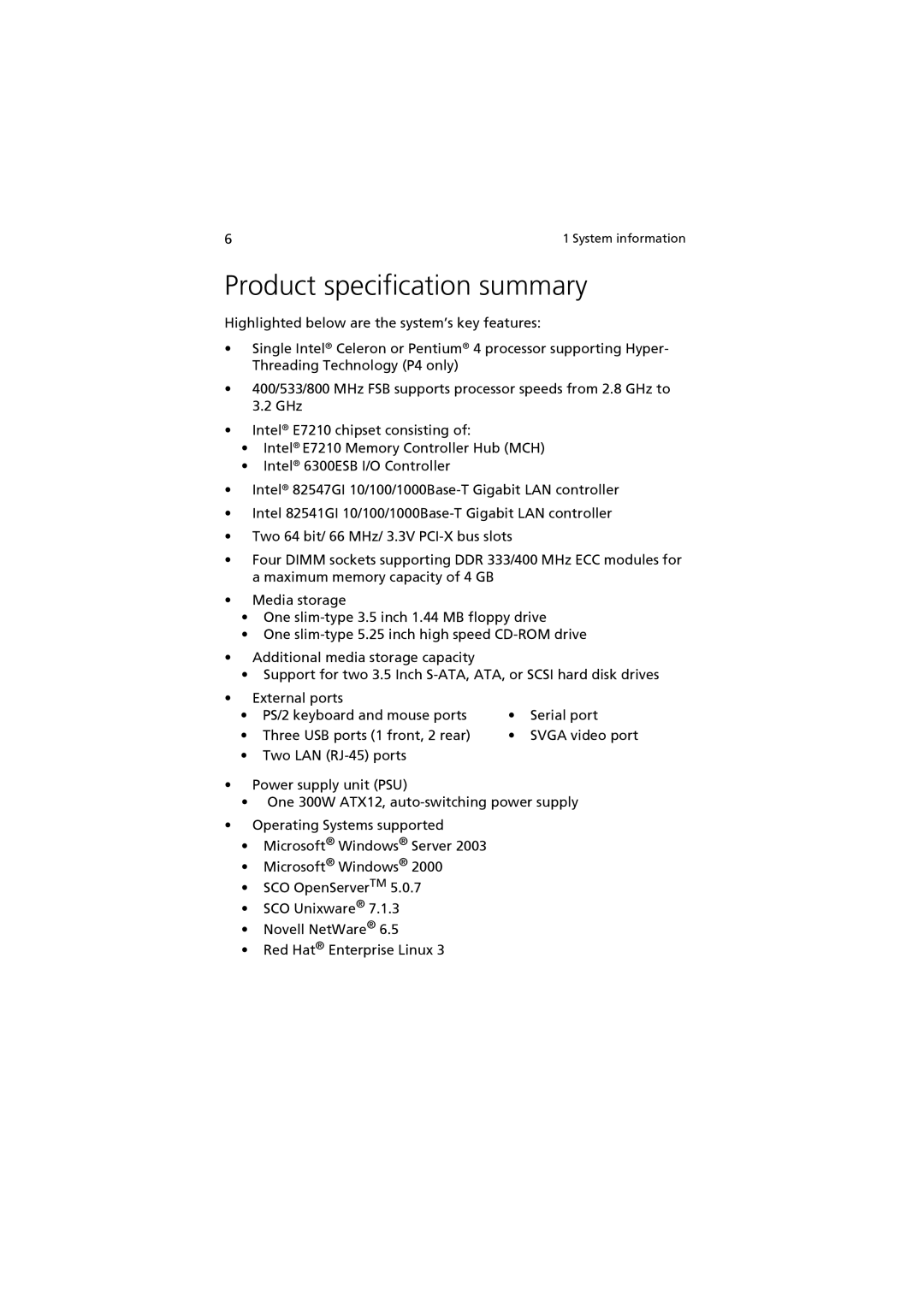 Acer R310 manual Product specification summary 