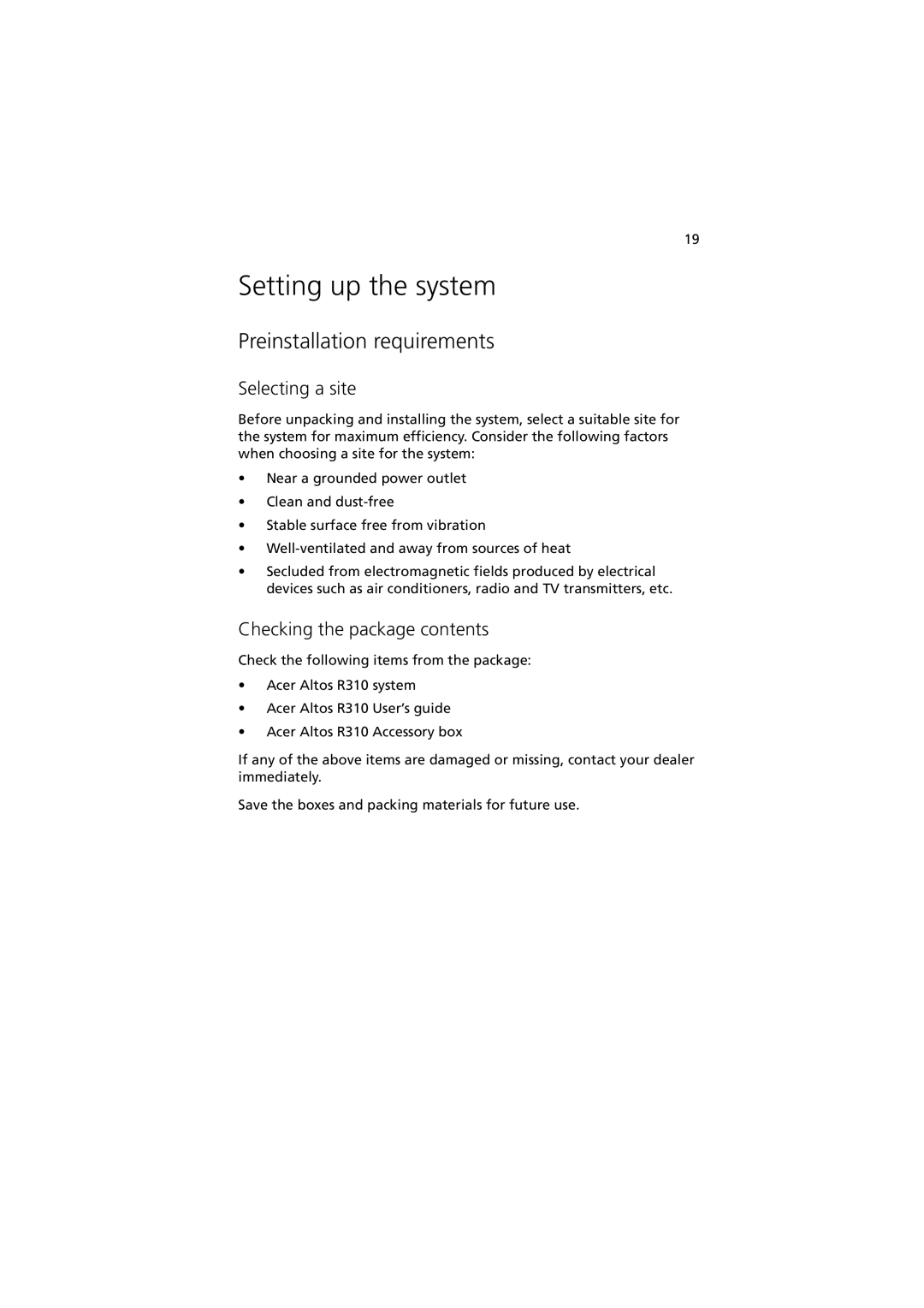 Acer R310 manual Setting up the system, Preinstallation requirements, Selecting a site, Checking the package contents 