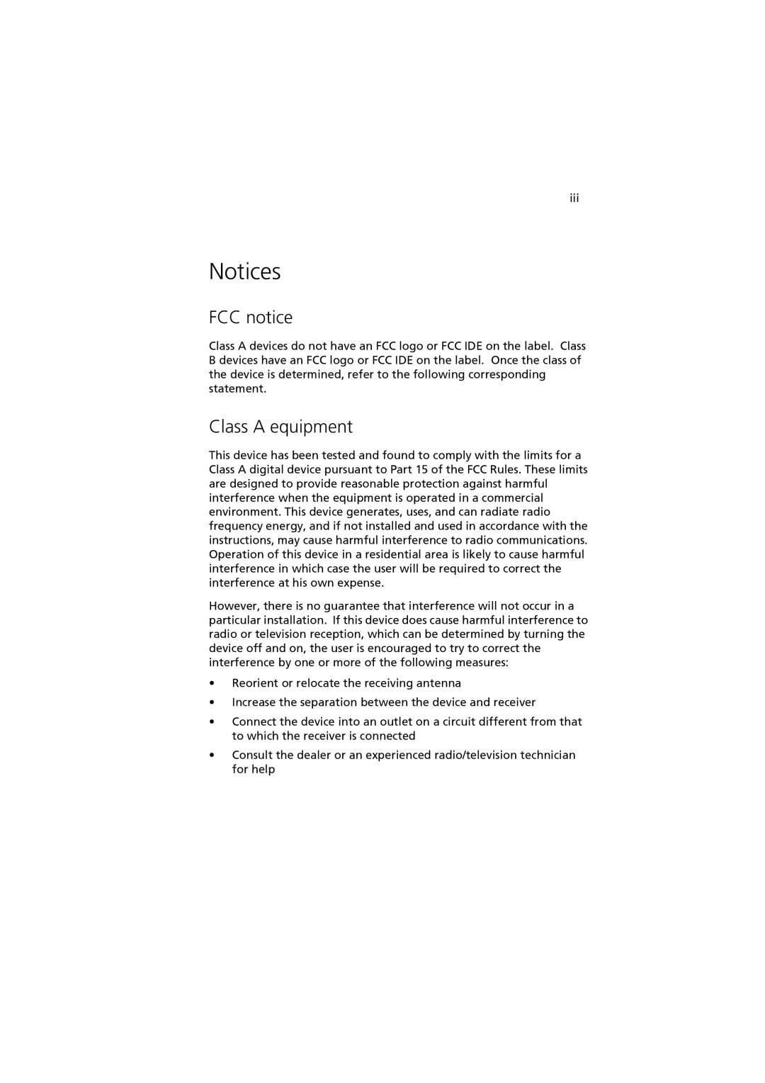 Acer R310 manual FCC notice, Class a equipment 