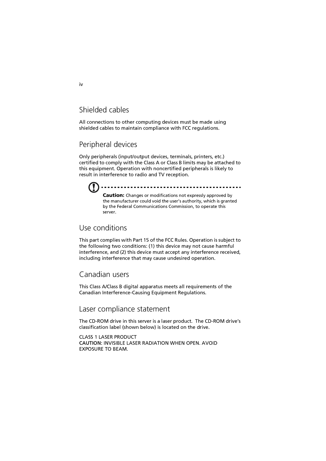 Acer R310 manual Shielded cables, Peripheral devices, Use conditions, Canadian users, Laser compliance statement 