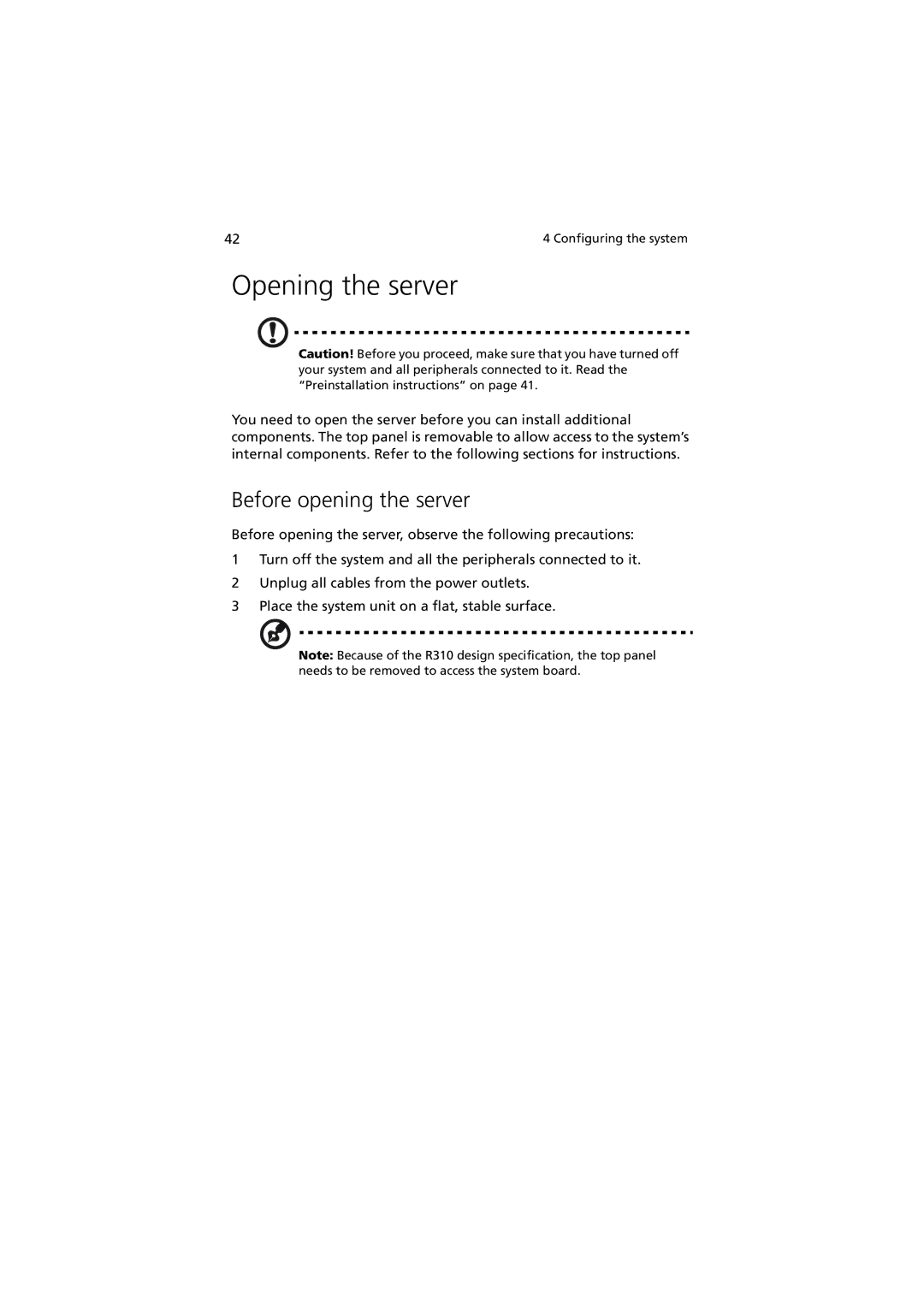 Acer R310 manual Opening the server, Before opening the server 