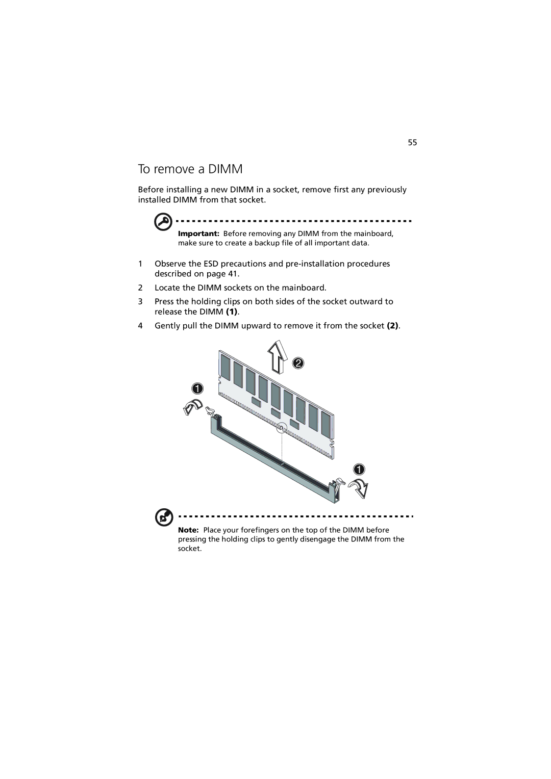 Acer R310 manual To remove a Dimm 