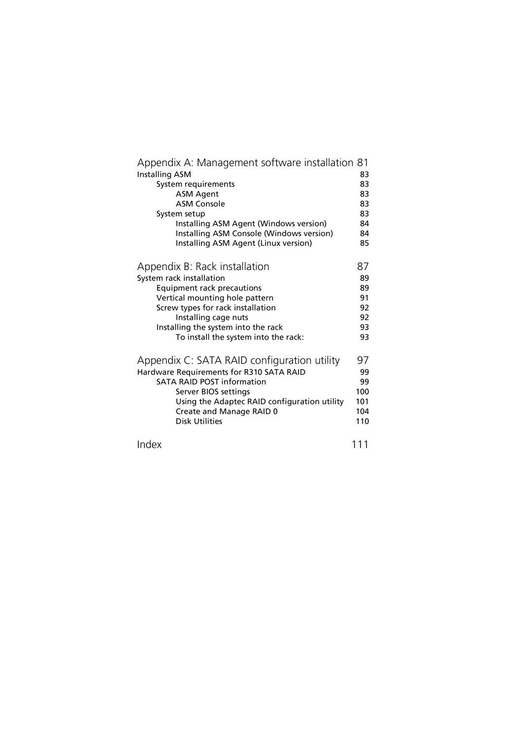 Acer R310 manual Appendix a Management software installation, Appendix B Rack installation, Index 111 