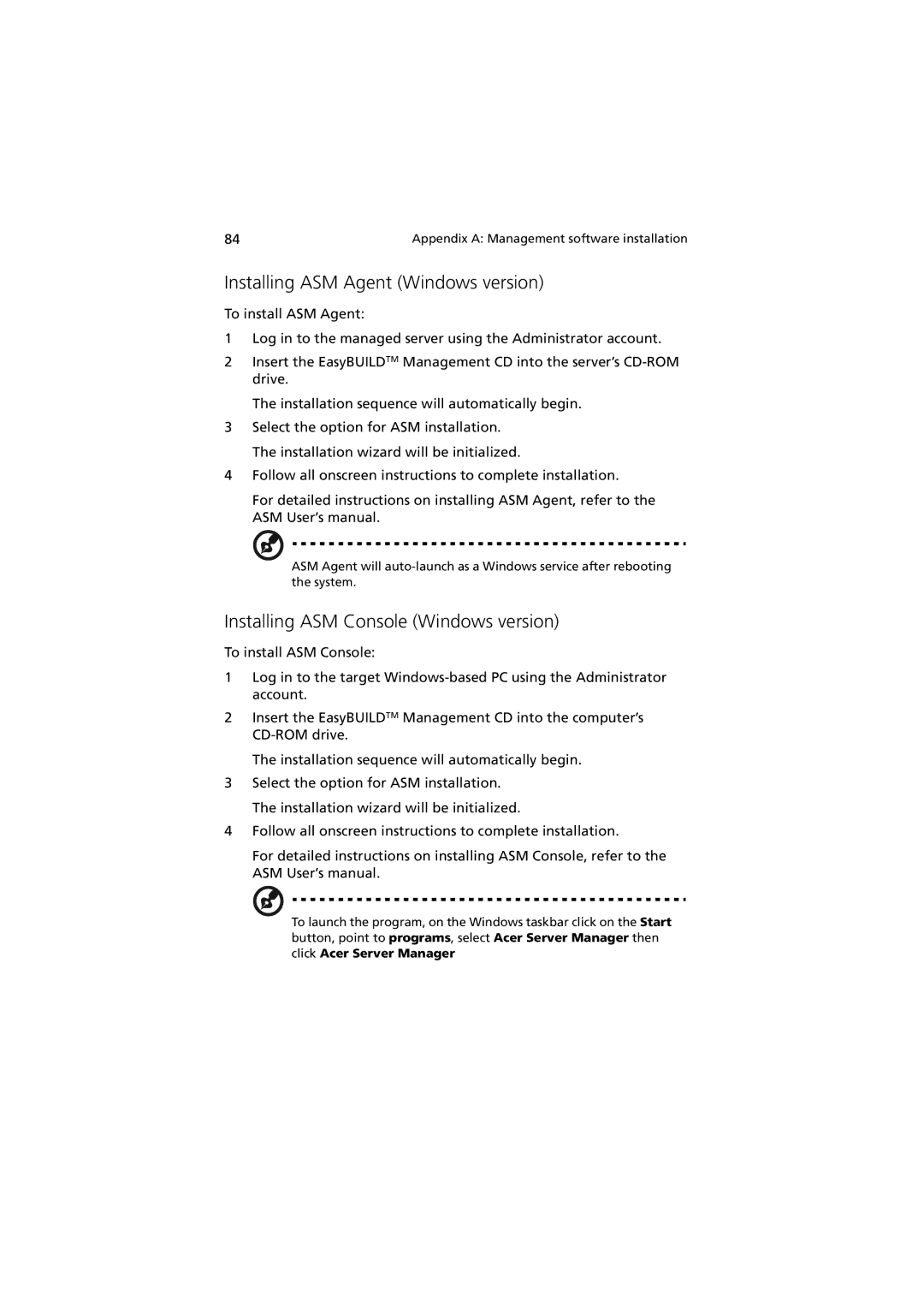 Acer R310 manual Installing ASM Agent Windows version, Installing ASM Console Windows version 