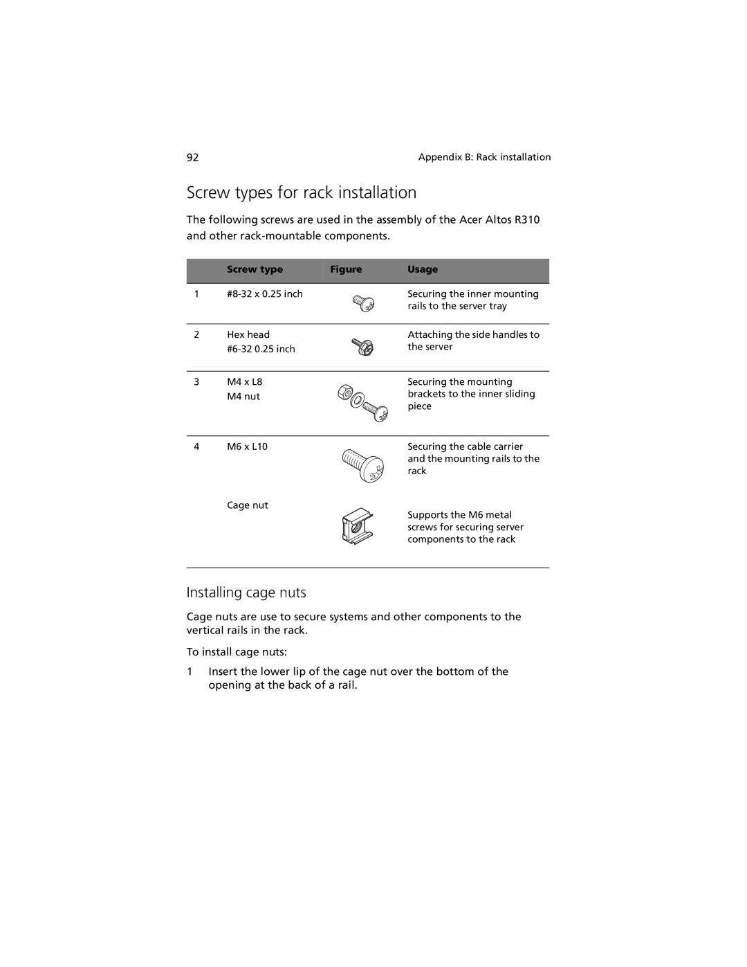 Acer R310 manual Screw types for rack installation, Installing cage nuts 