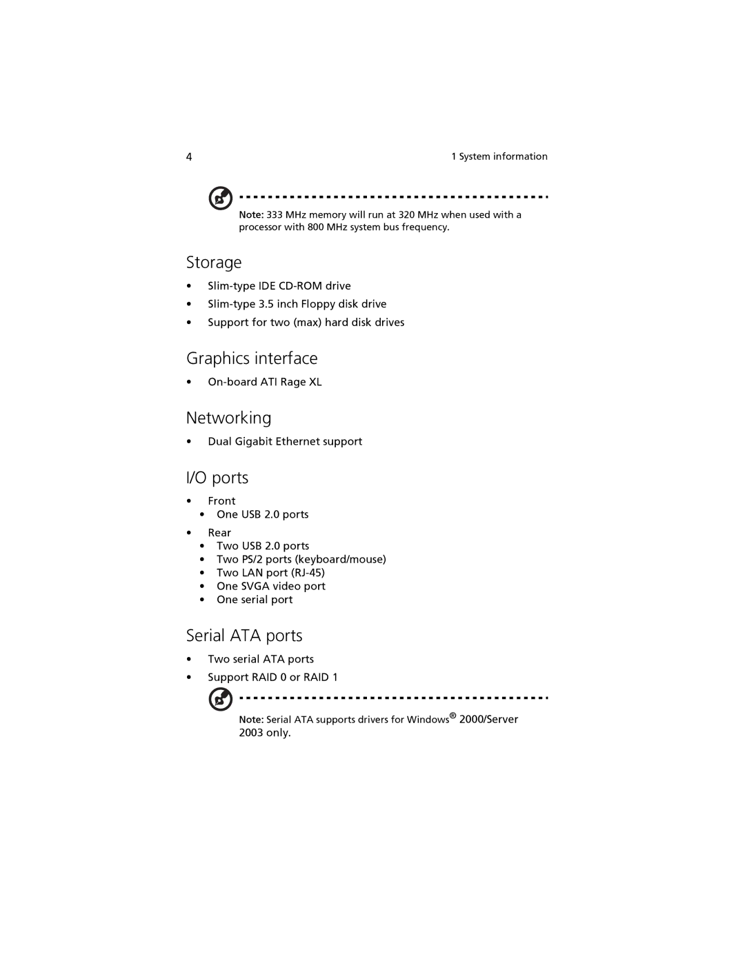 Acer R310 manual Storage, Graphics interface, Networking, Ports, Serial ATA ports 