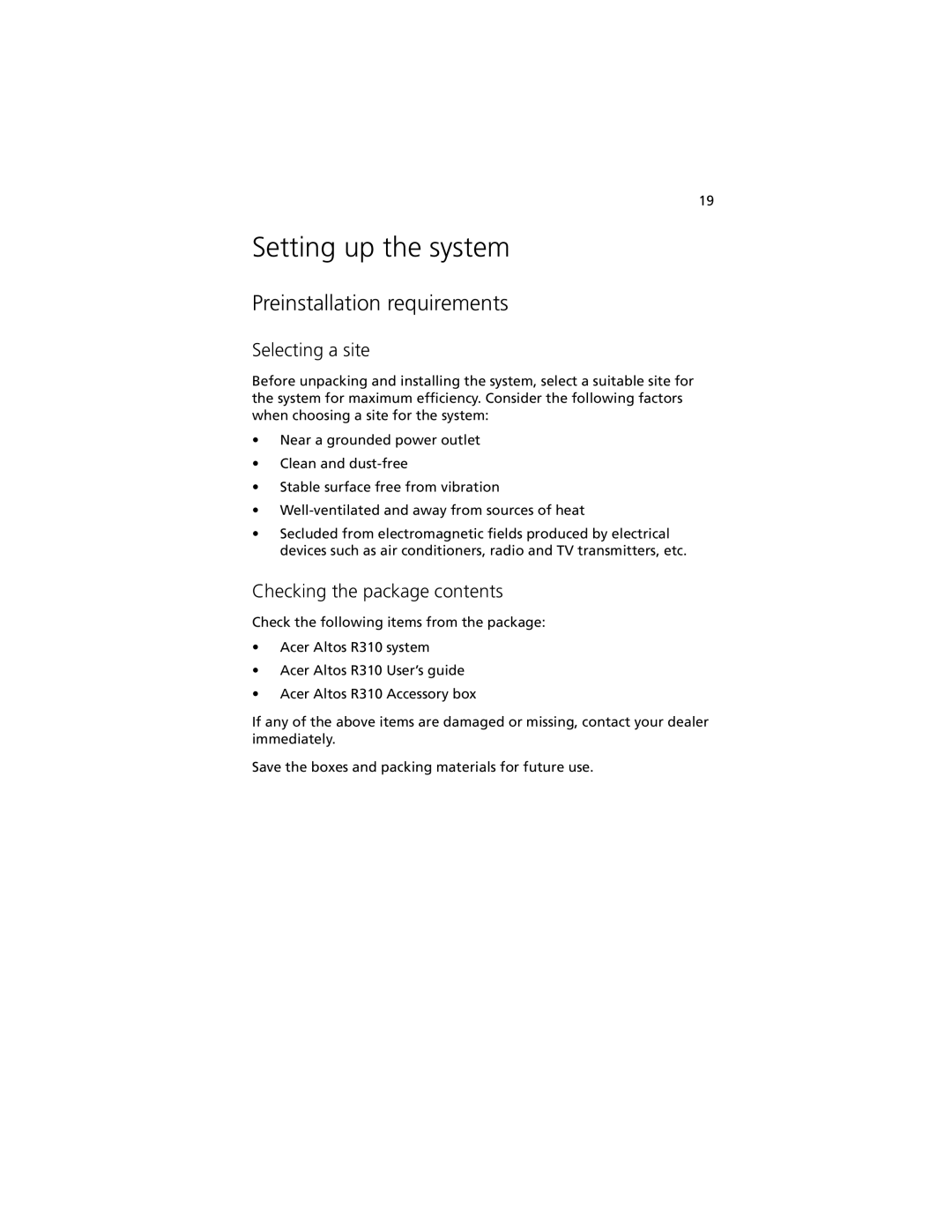 Acer R310 manual Setting up the system, Preinstallation requirements, Selecting a site, Checking the package contents 