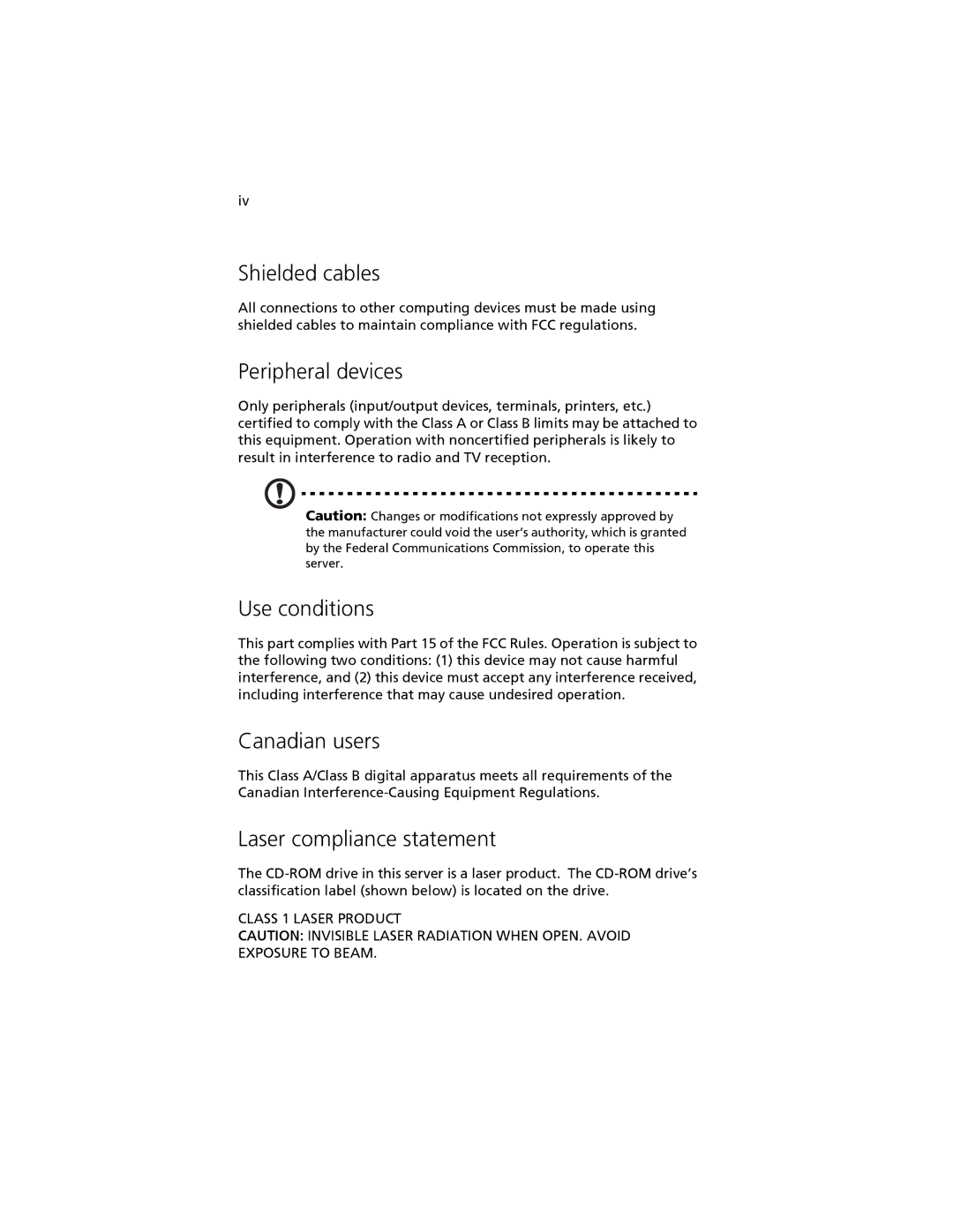 Acer R310 manual Shielded cables, Peripheral devices, Use conditions, Canadian users, Laser compliance statement 