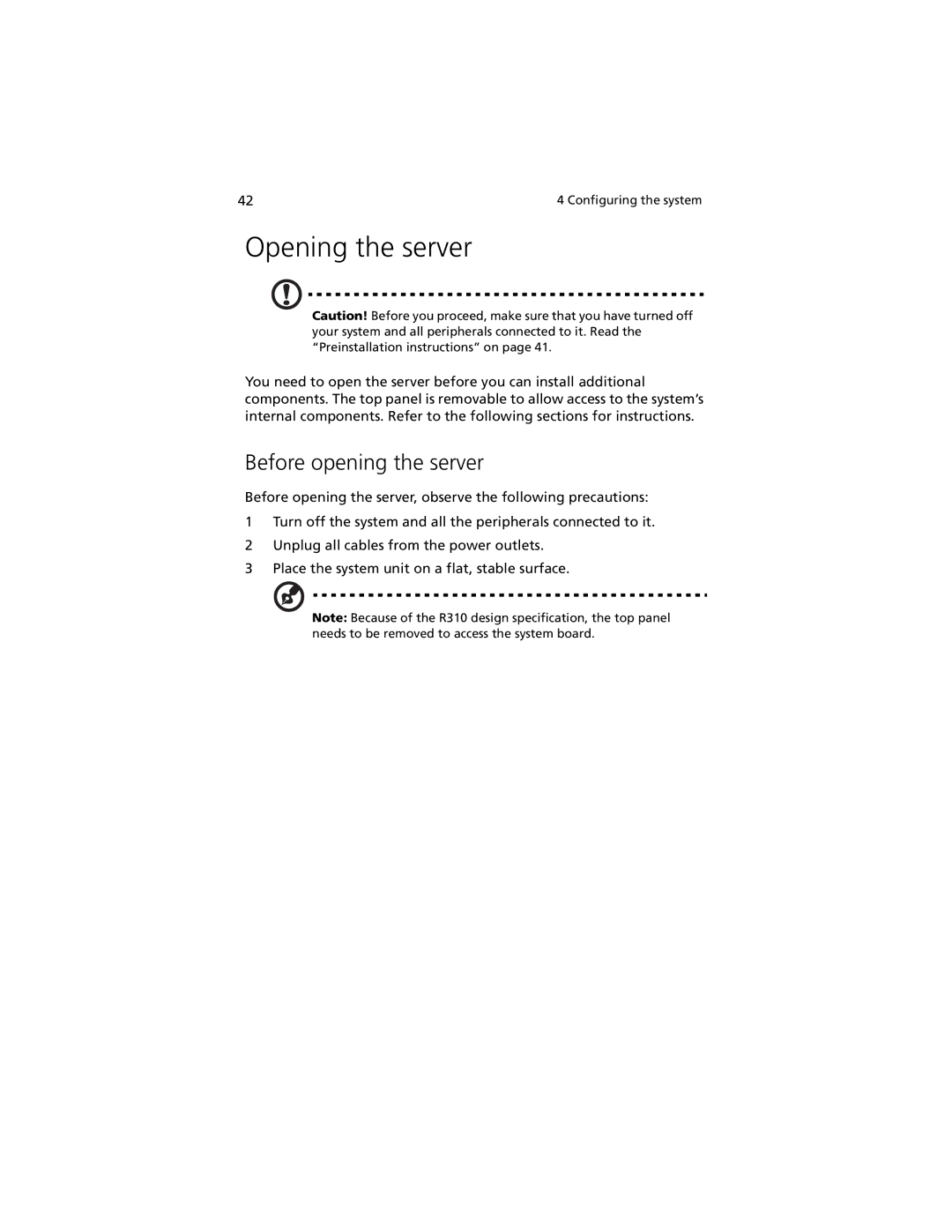 Acer R310 manual Opening the server, Before opening the server 