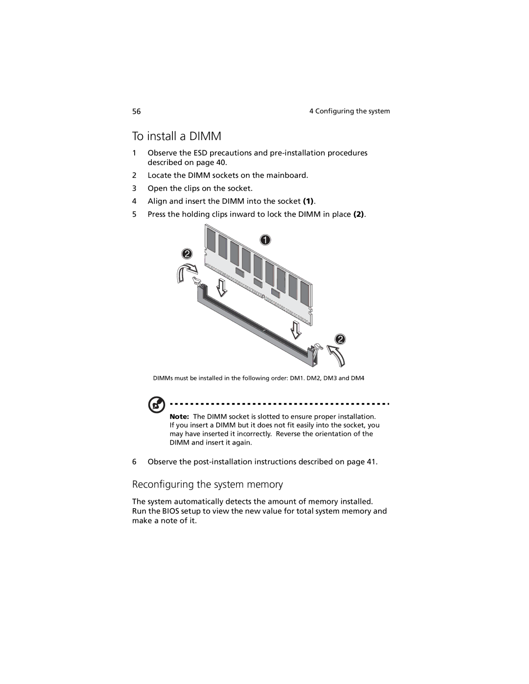 Acer R310 manual To install a Dimm, Reconfiguring the system memory 