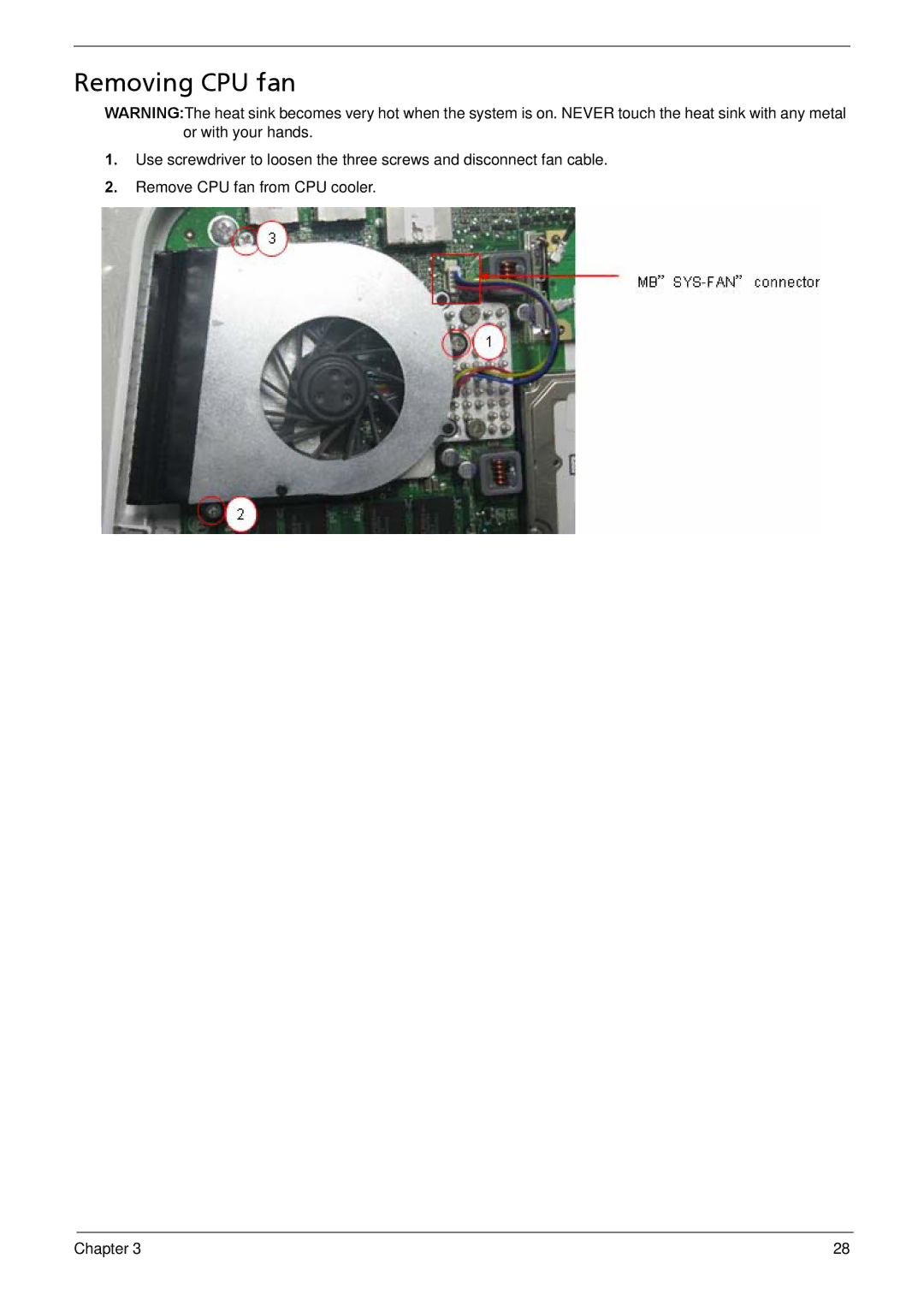 Acer R3610 manual Removing CPU fan 