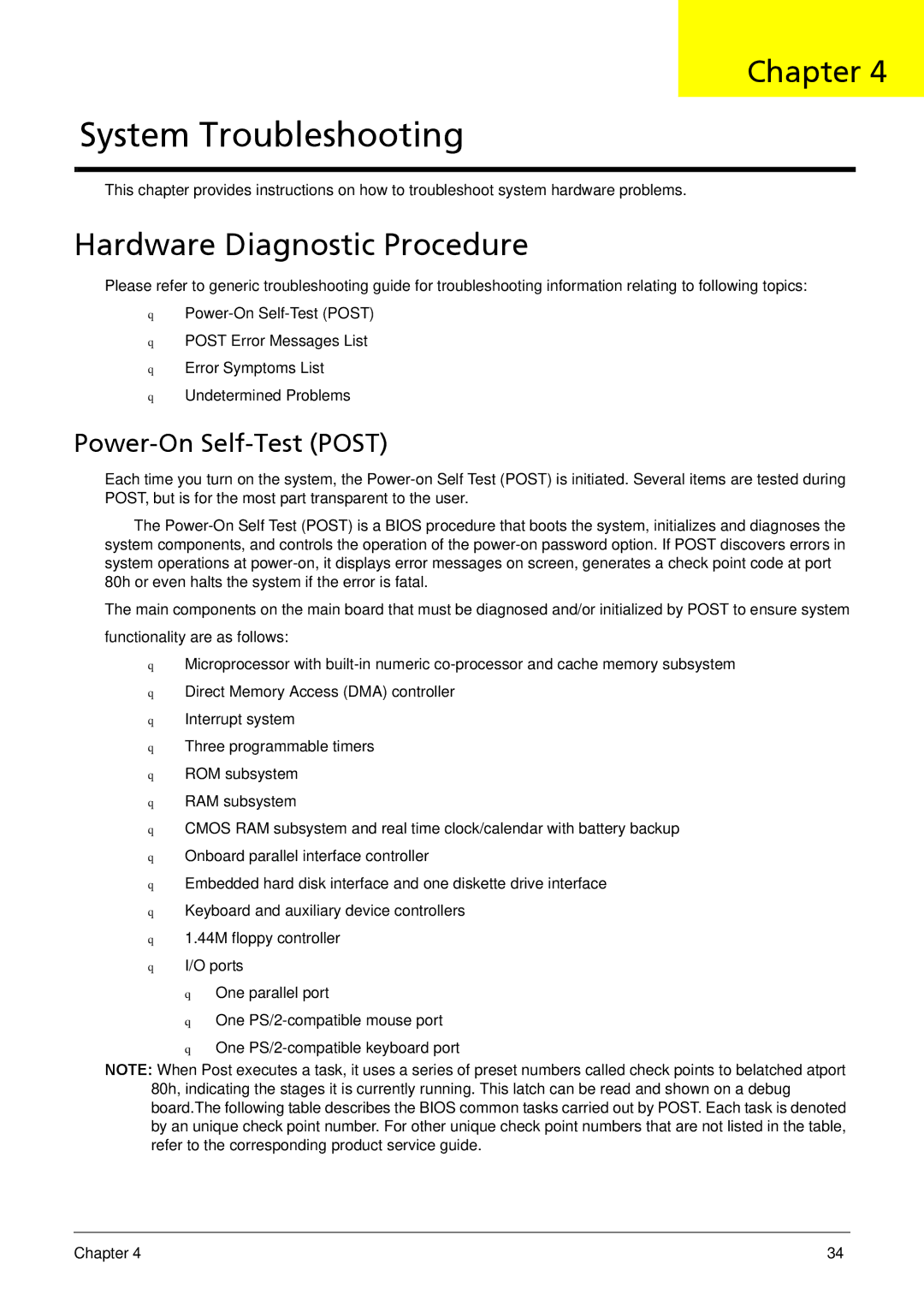 Acer R3610 manual Hardware Diagnostic Procedure, Power-On Self-Test Post 