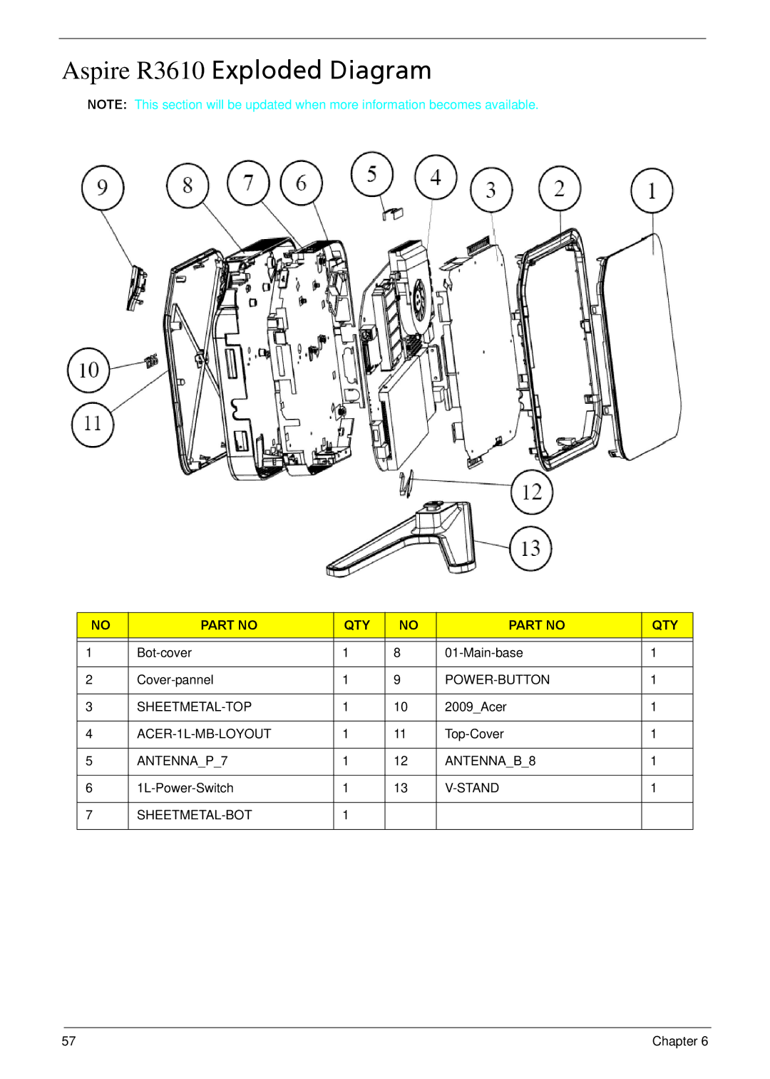 Acer manual Aspire R3610 Exploded Diagram, Qty 