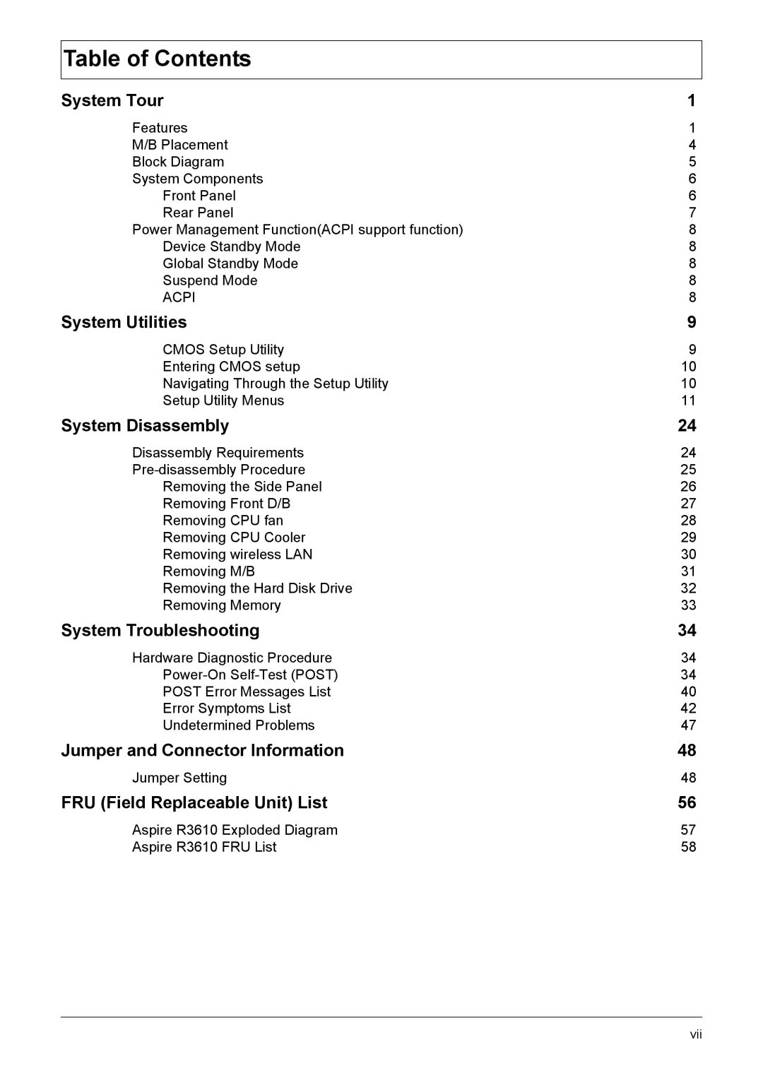 Acer R3610 manual Table of Contents 