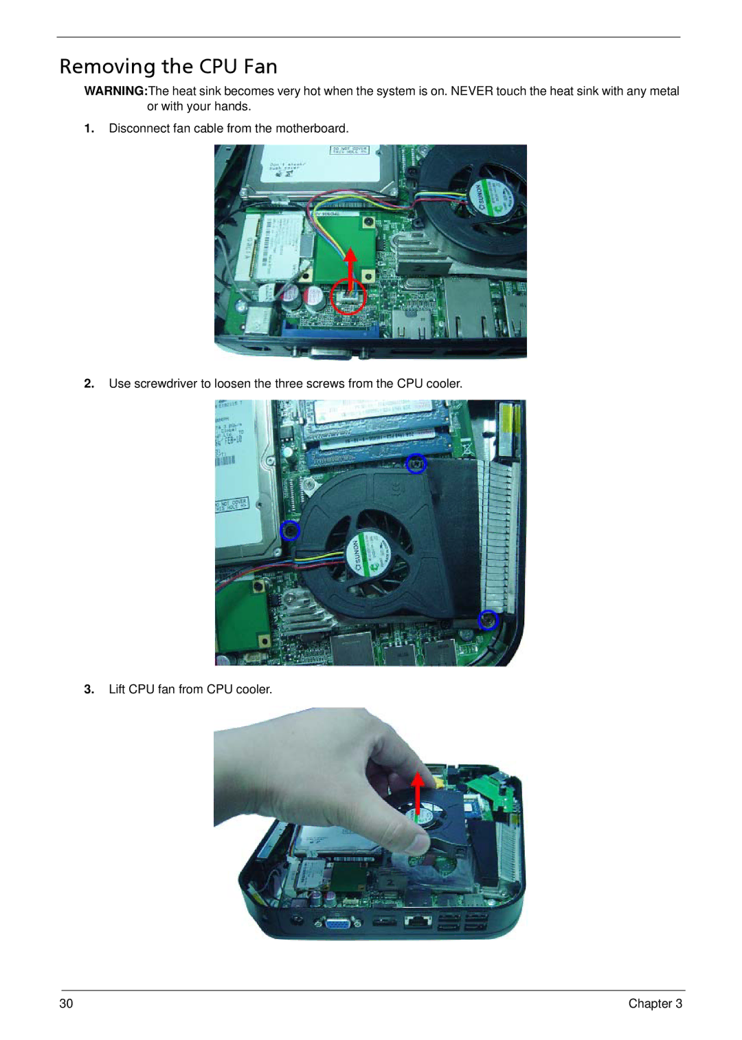 Acer R3700 manual Removing the CPU Fan 