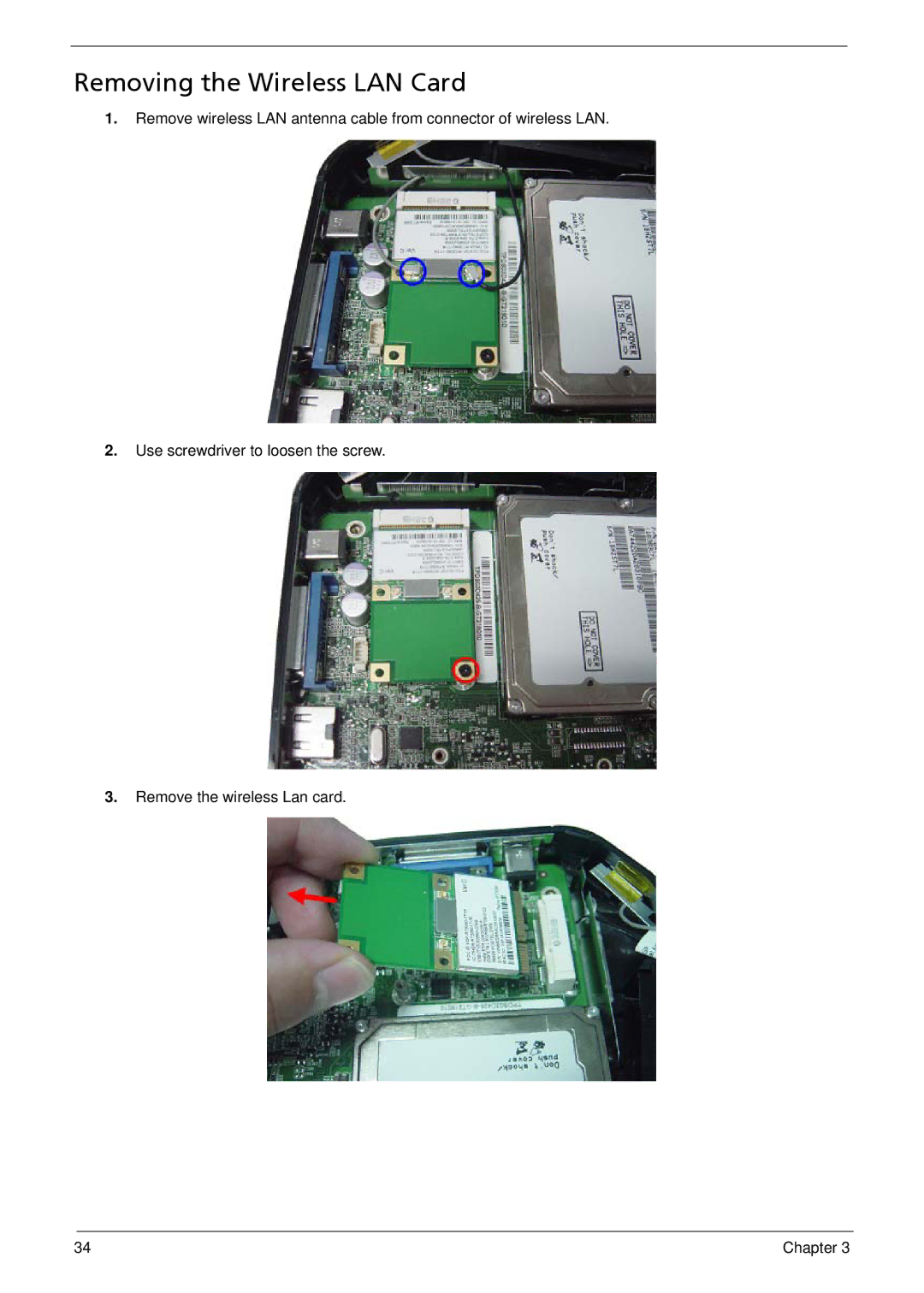 Acer R3700 manual Removing the Wireless LAN Card 