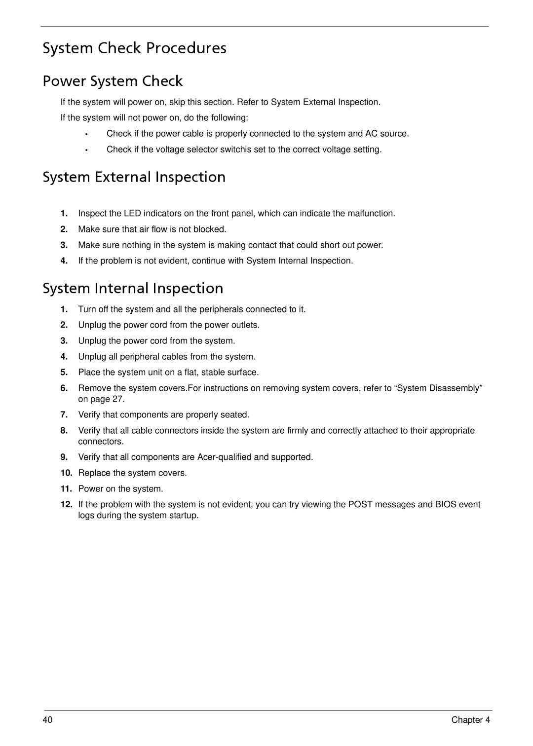 Acer R3700 manual Power System Check, System External Inspection, System Internal Inspection 