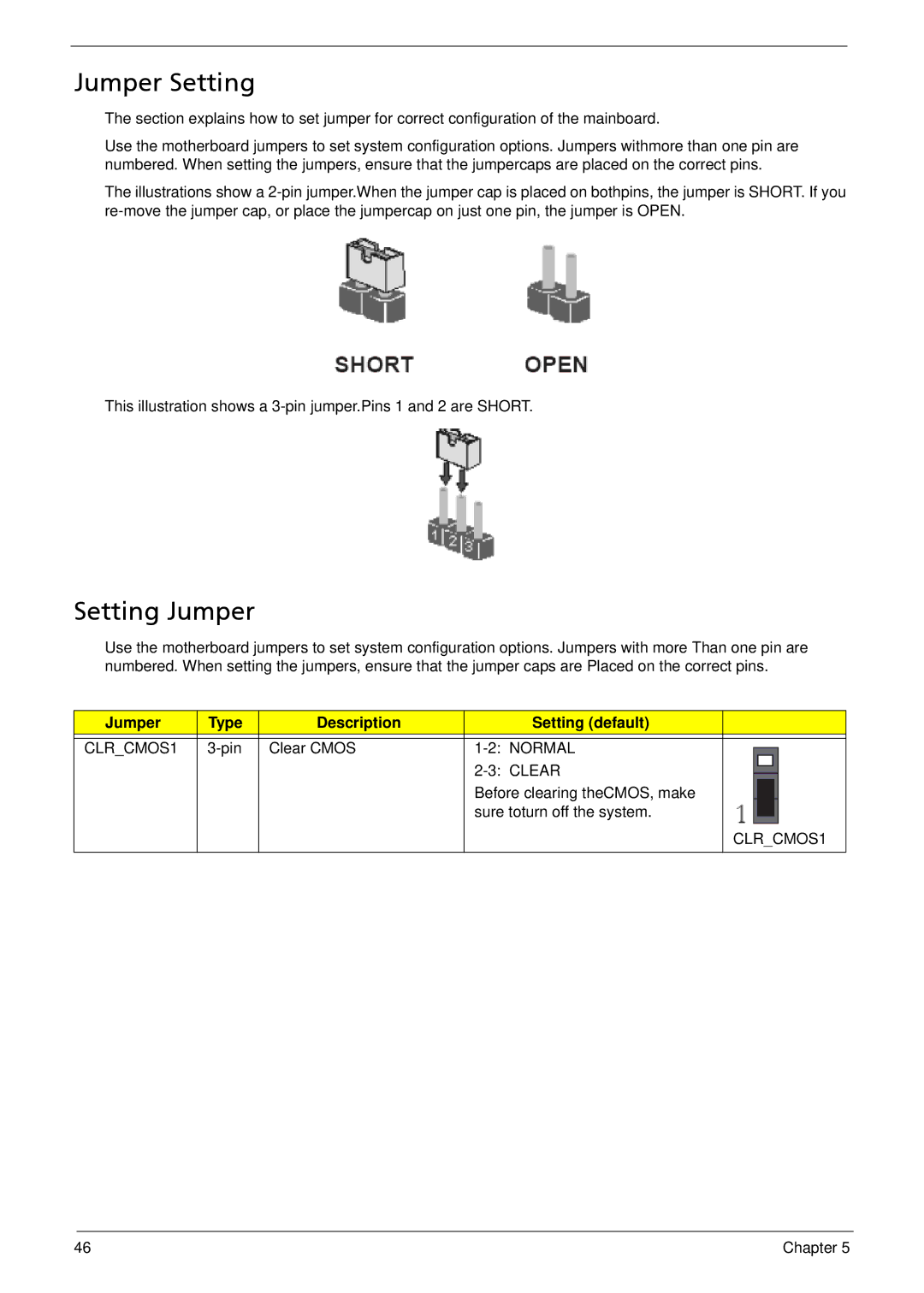 Acer R3700 manual Jumper Setting, Setting Jumper 