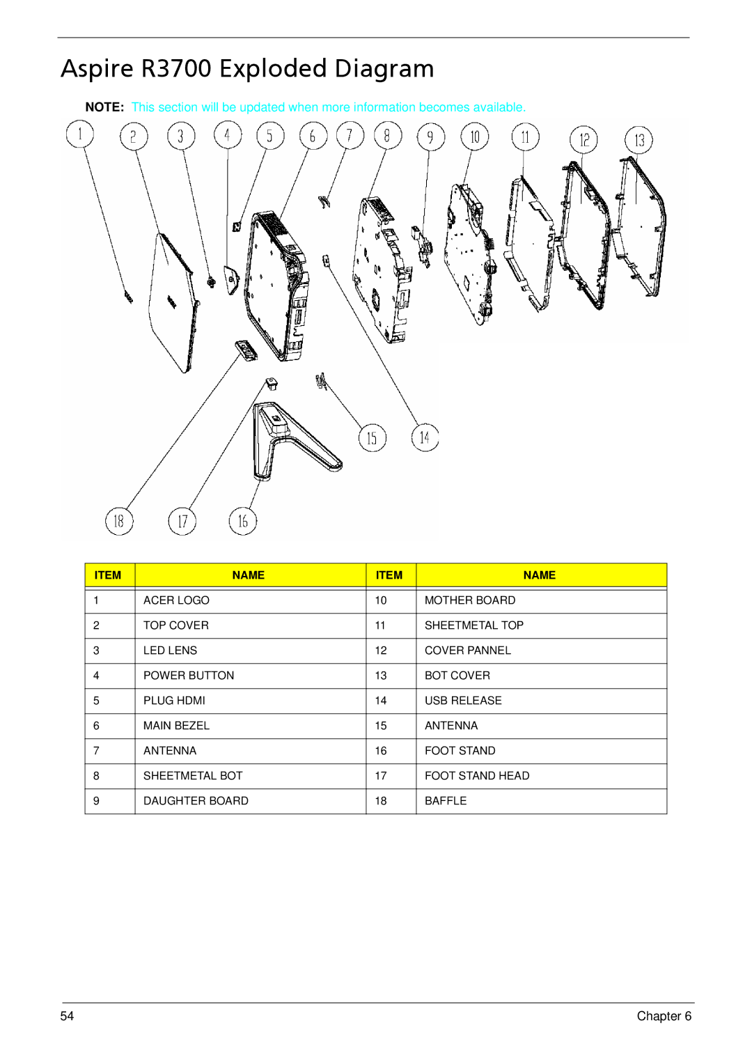 Acer manual Aspire R3700 Exploded Diagram, Name 