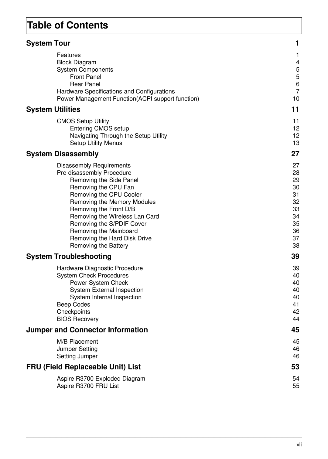 Acer R3700 manual Table of Contents 