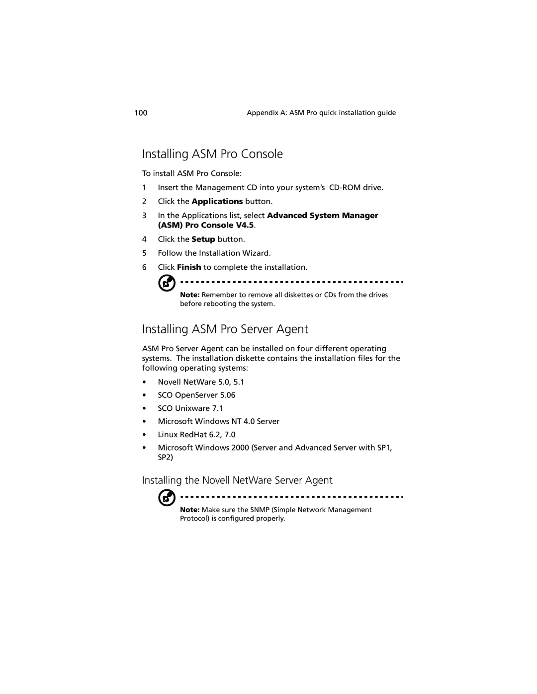 Acer R500 manual Installing ASM Pro Console, Installing ASM Pro Server Agent, Installing the Novell NetWare Server Agent 