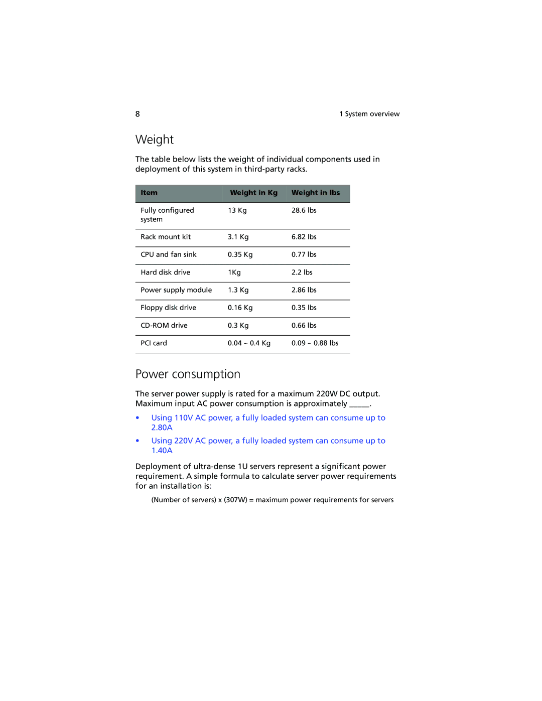 Acer R500 manual Power consumption, Weight in Kg Weight in lbs 