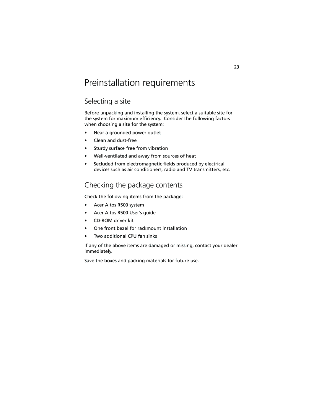 Acer R500 manual Preinstallation requirements, Selecting a site, Checking the package contents 