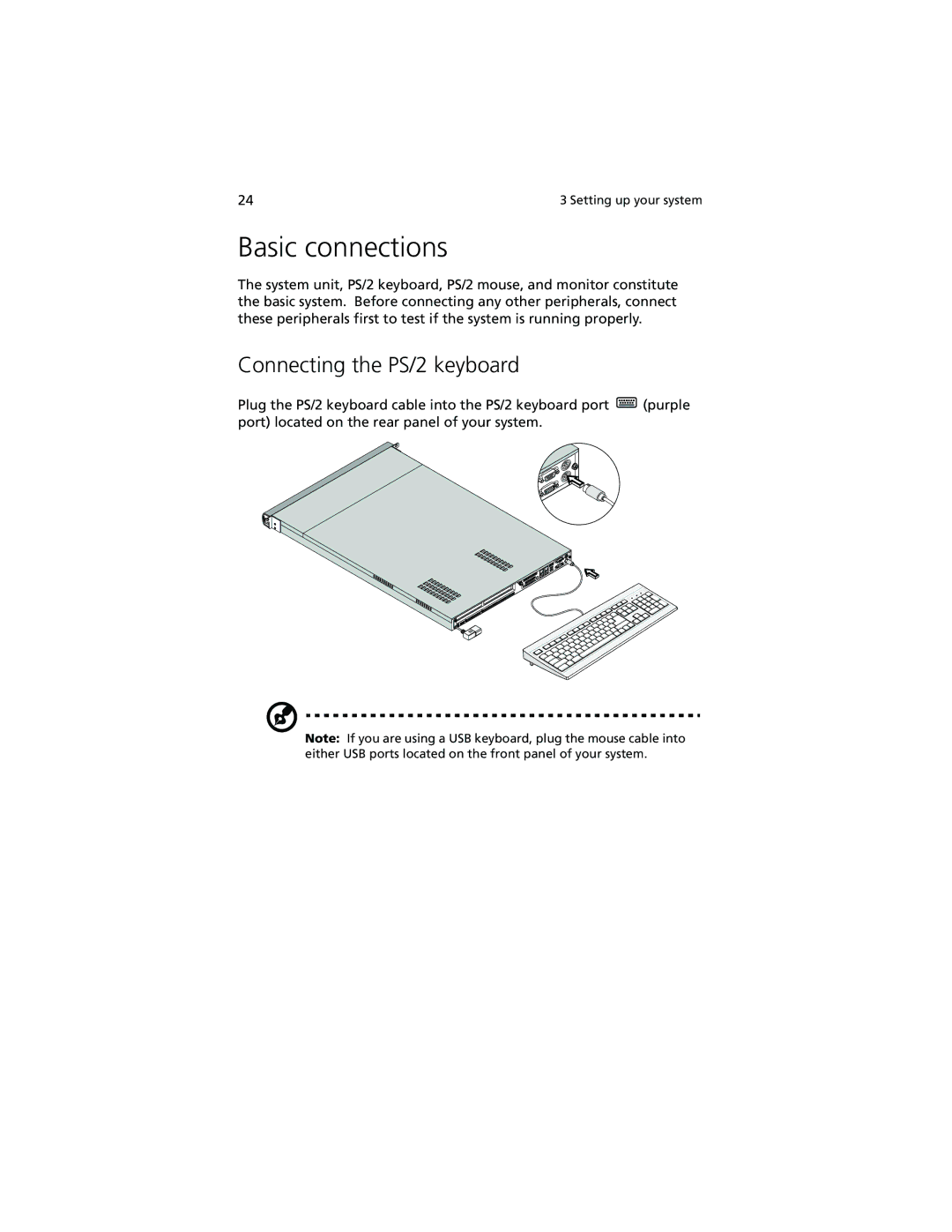 Acer R500 manual Basic connections, Connecting the PS/2 keyboard 