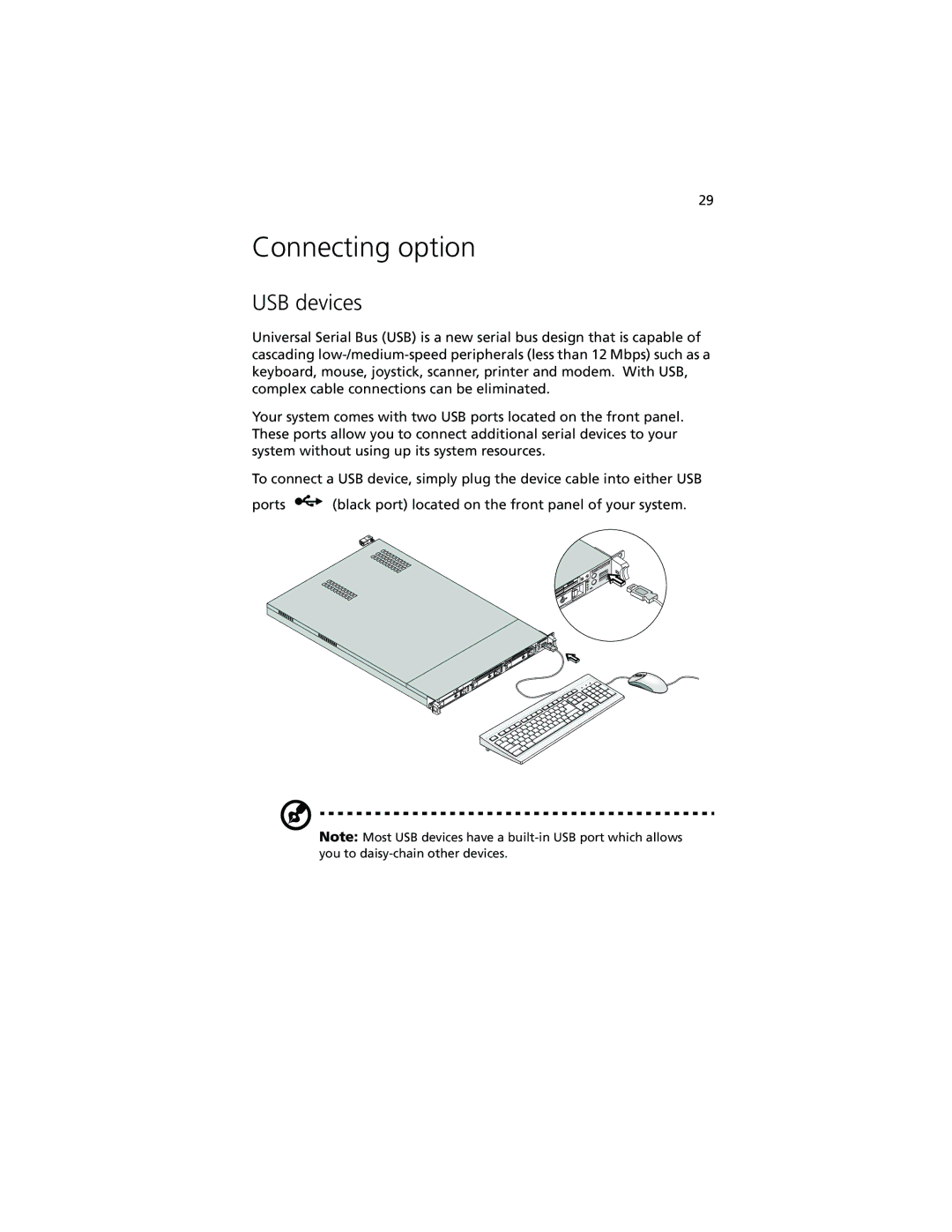 Acer R500 manual Connecting option, USB devices 