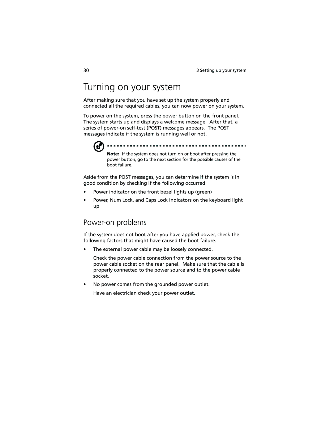 Acer R500 manual Turning on your system, Power-on problems 