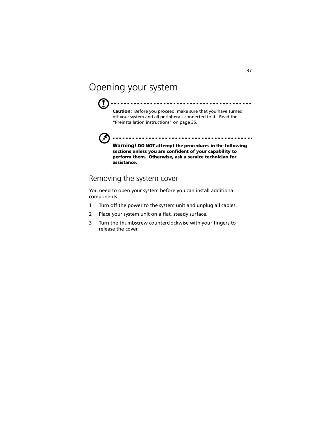 Acer R500 manual Opening your system, Removing the system cover 