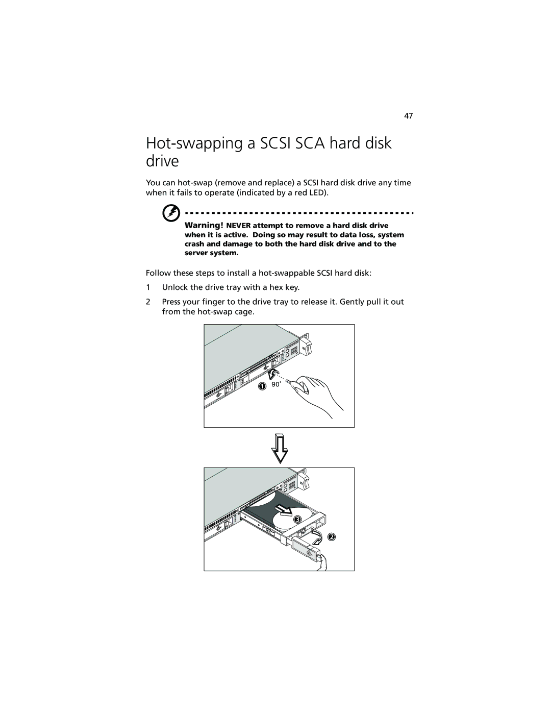 Acer R500 manual Hot-swapping a Scsi SCA hard disk drive 