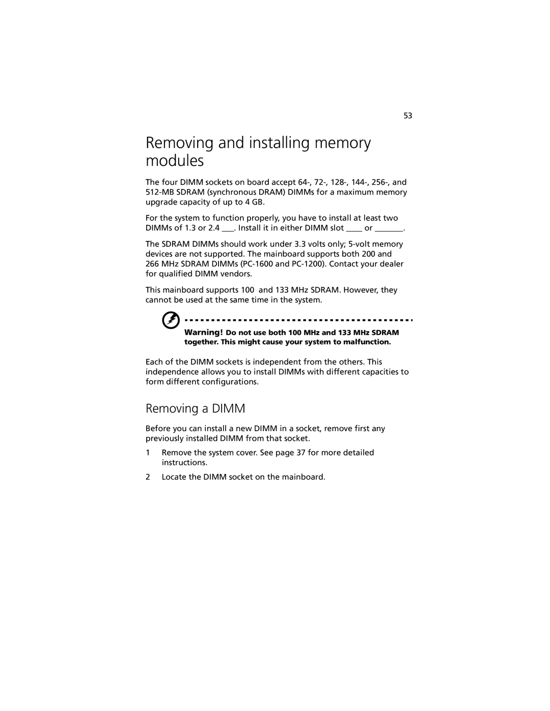 Acer R500 manual Removing and installing memory modules, Removing a Dimm 