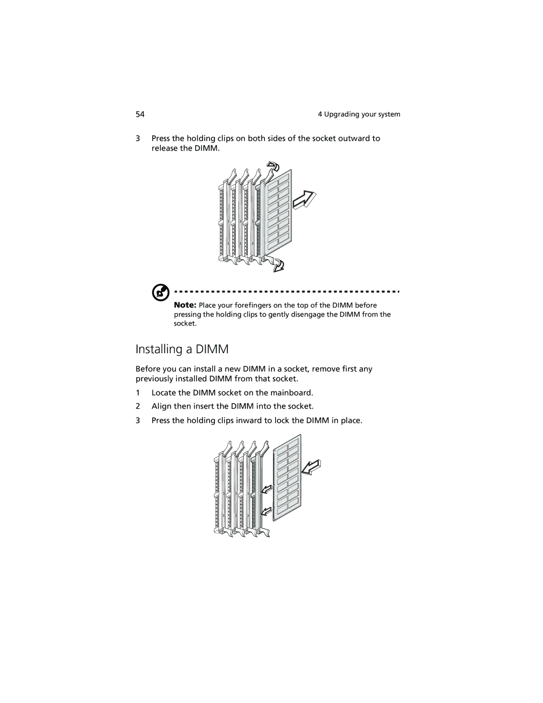 Acer R500 manual Installing a Dimm 