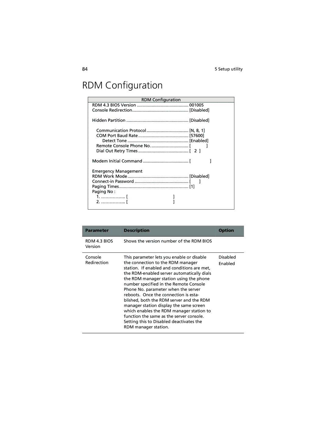 Acer R500 manual RDM Configuration, Shows the version number of the RDM Bios Version 