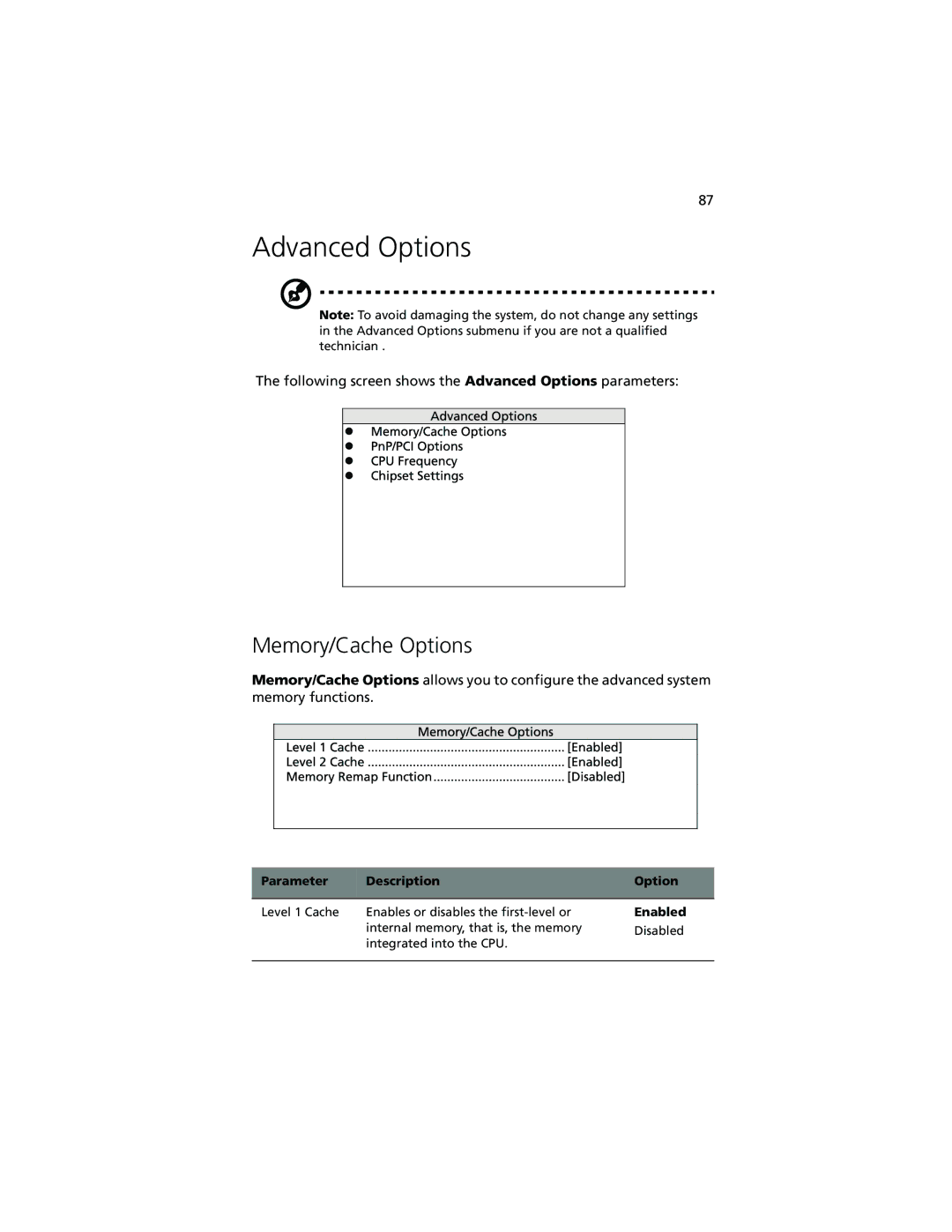 Acer R500 manual Advanced Options, Memory/Cache Options 