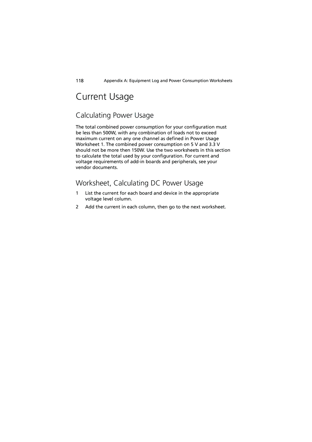 Acer R700 manual Current Usage, Calculating Power Usage, Worksheet, Calculating DC Power Usage 