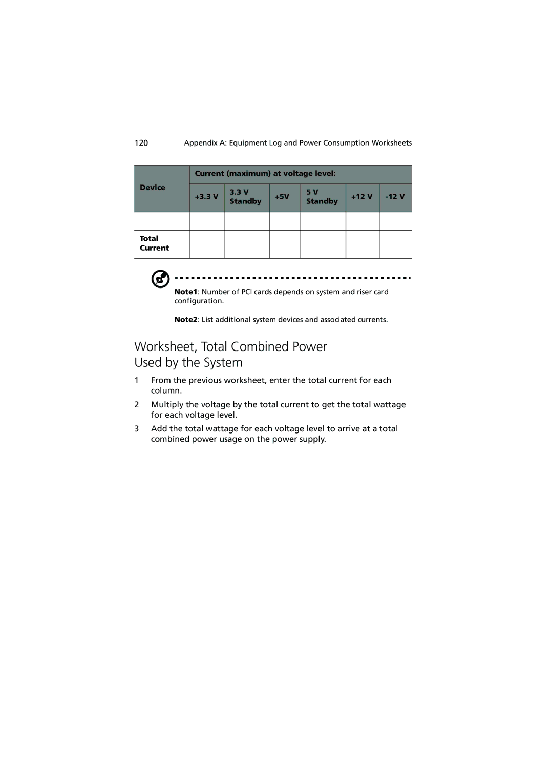 Acer R700 manual Worksheet, Total Combined Power Used by the System 