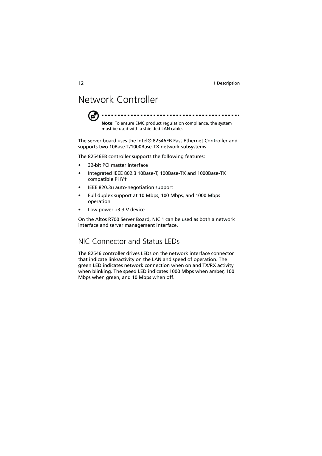 Acer R700 manual Network Controller, NIC Connector and Status LEDs 