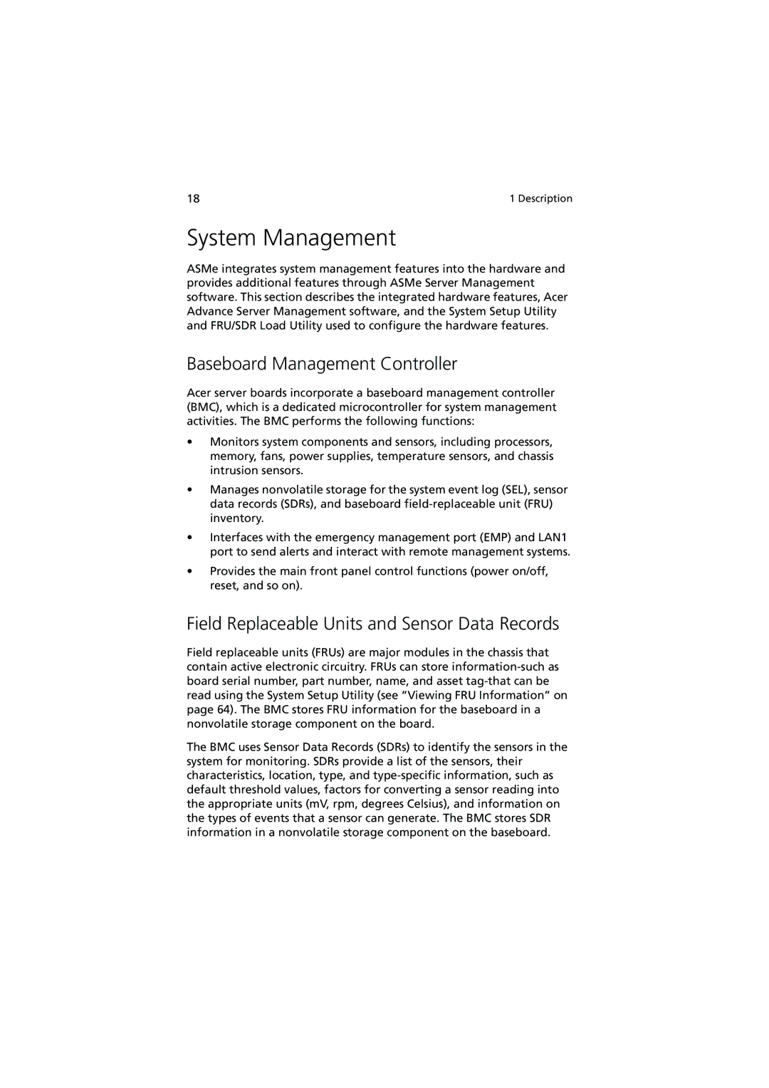 Acer R700 manual System Management, Baseboard Management Controller, Field Replaceable Units and Sensor Data Records 