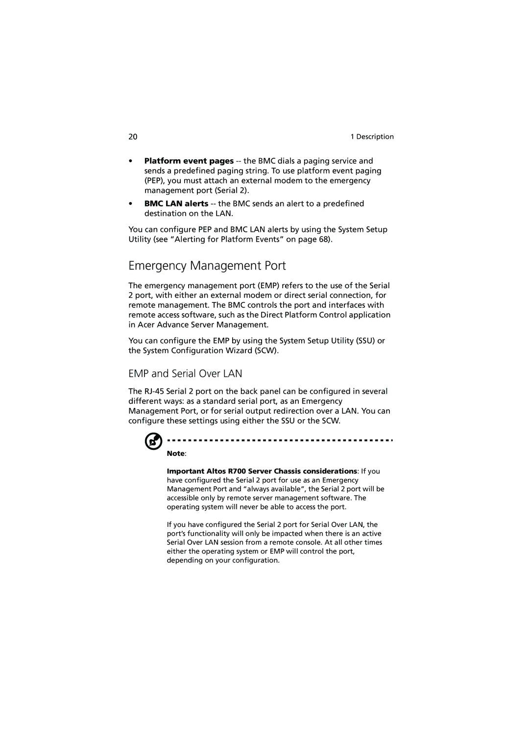 Acer R700 manual Emergency Management Port, EMP and Serial Over LAN 