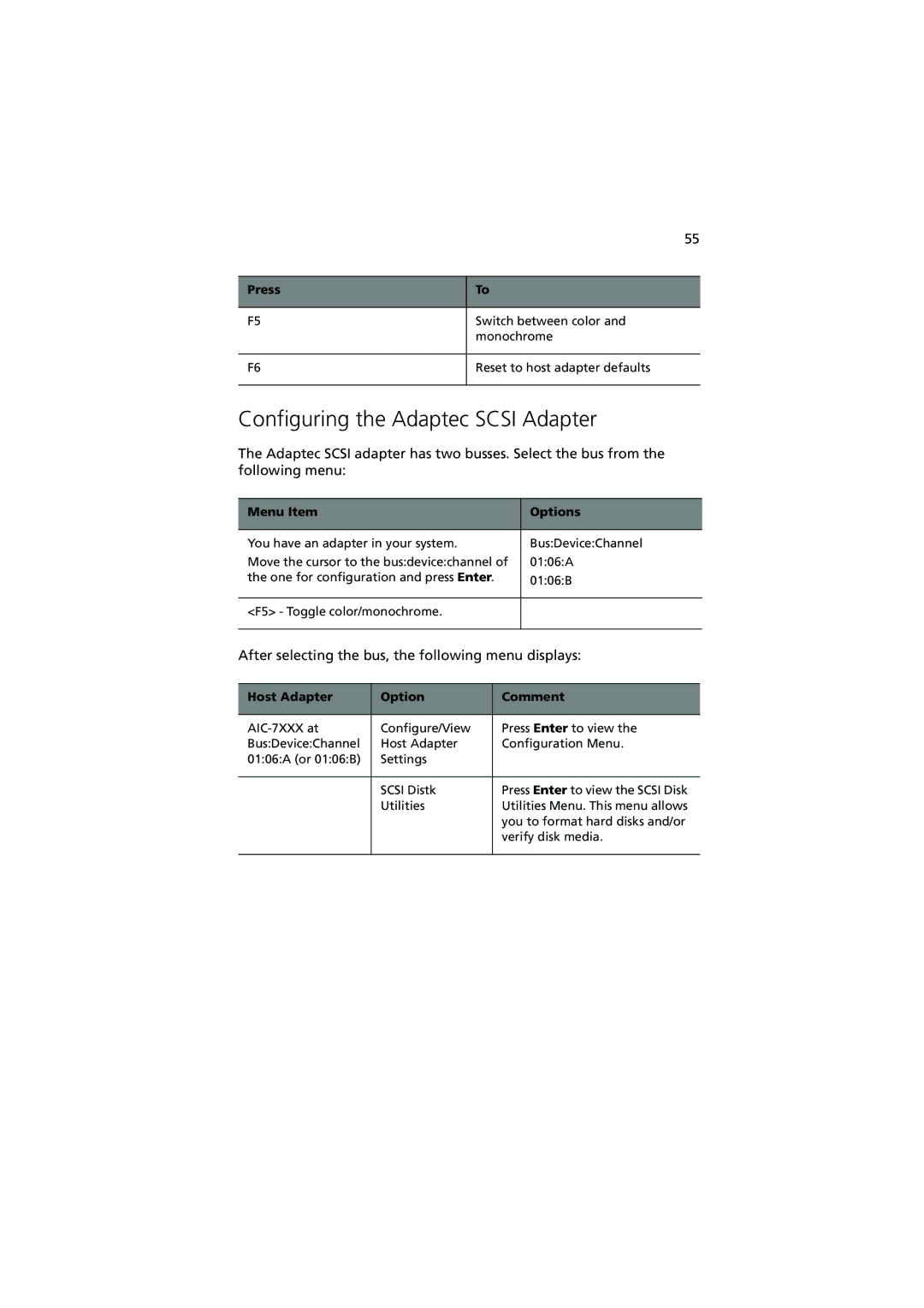 Acer R700 Configuring the Adaptec Scsi Adapter, After selecting the bus, the following menu displays, Menu Item Options 