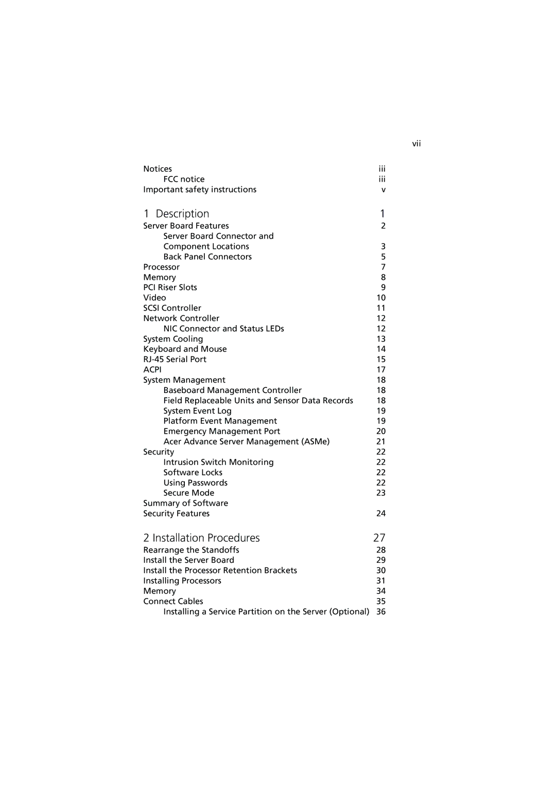 Acer R700 manual Description, Installation Procedures, Vii Iii FCC notice Important safety instructions 