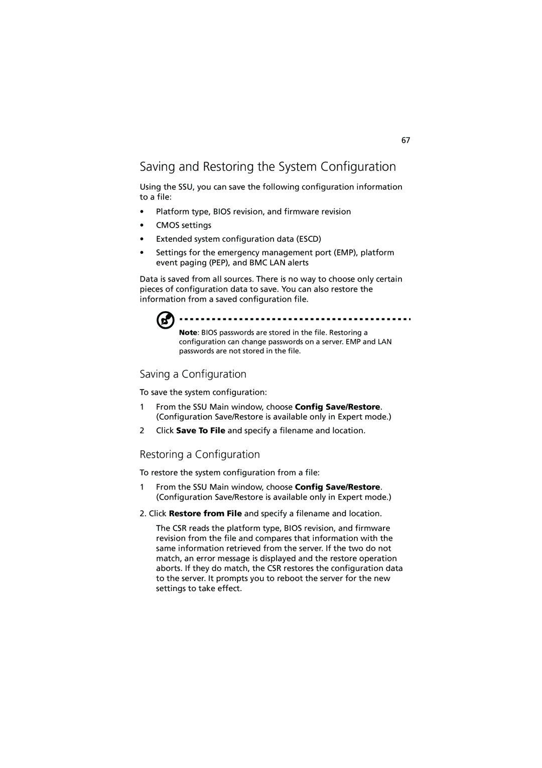 Acer R700 manual Saving and Restoring the System Configuration, Saving a Configuration, Restoring a Configuration 