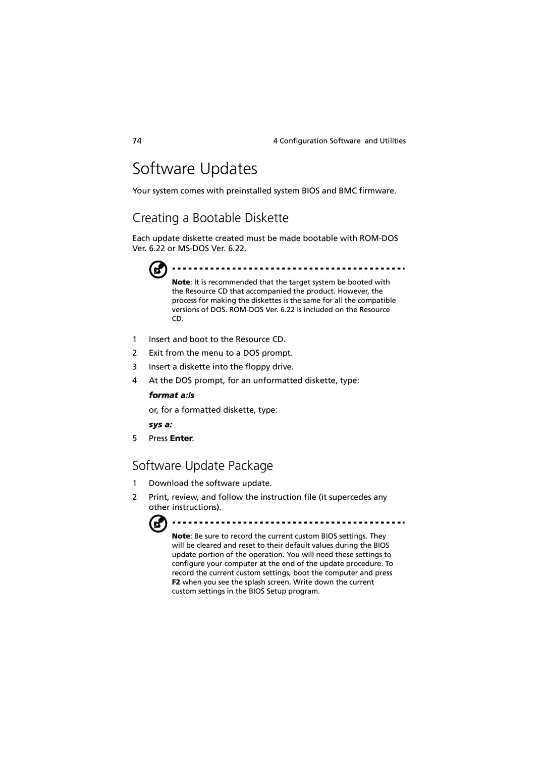 Acer R700 manual Software Updates, Creating a Bootable Diskette, Software Update Package 