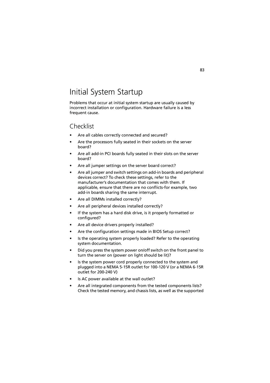 Acer R700 manual Initial System Startup, Checklist 