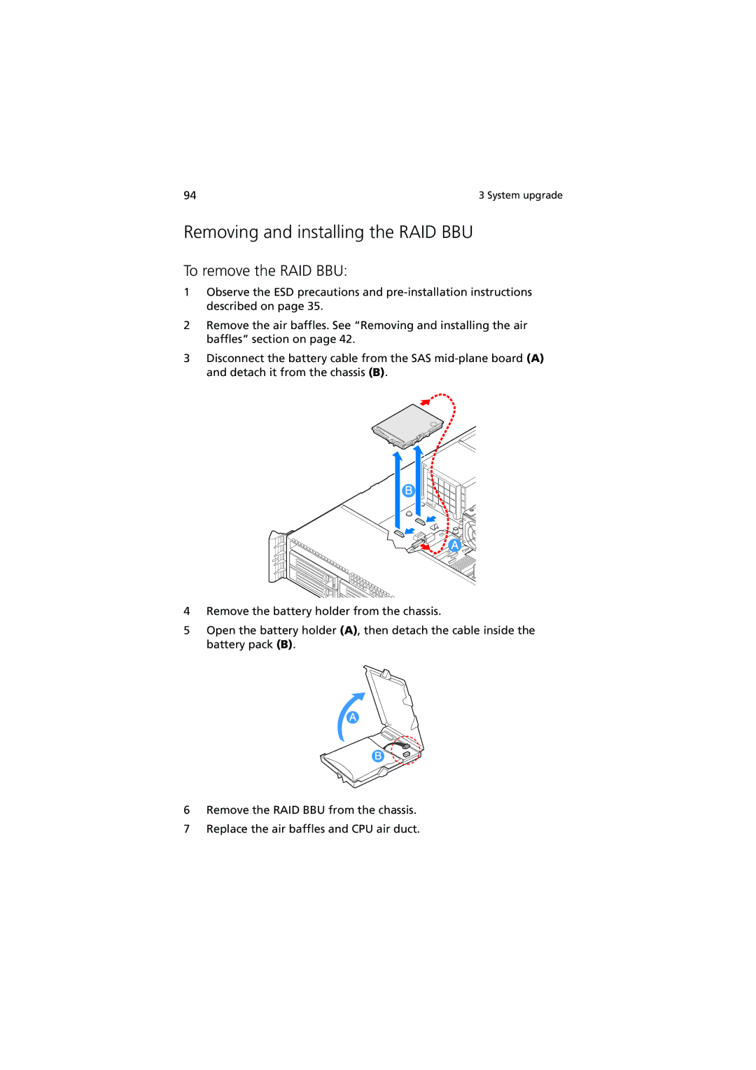 Acer R720 Series manual Removing and installing the RAID BBU, To remove the RAID BBU 