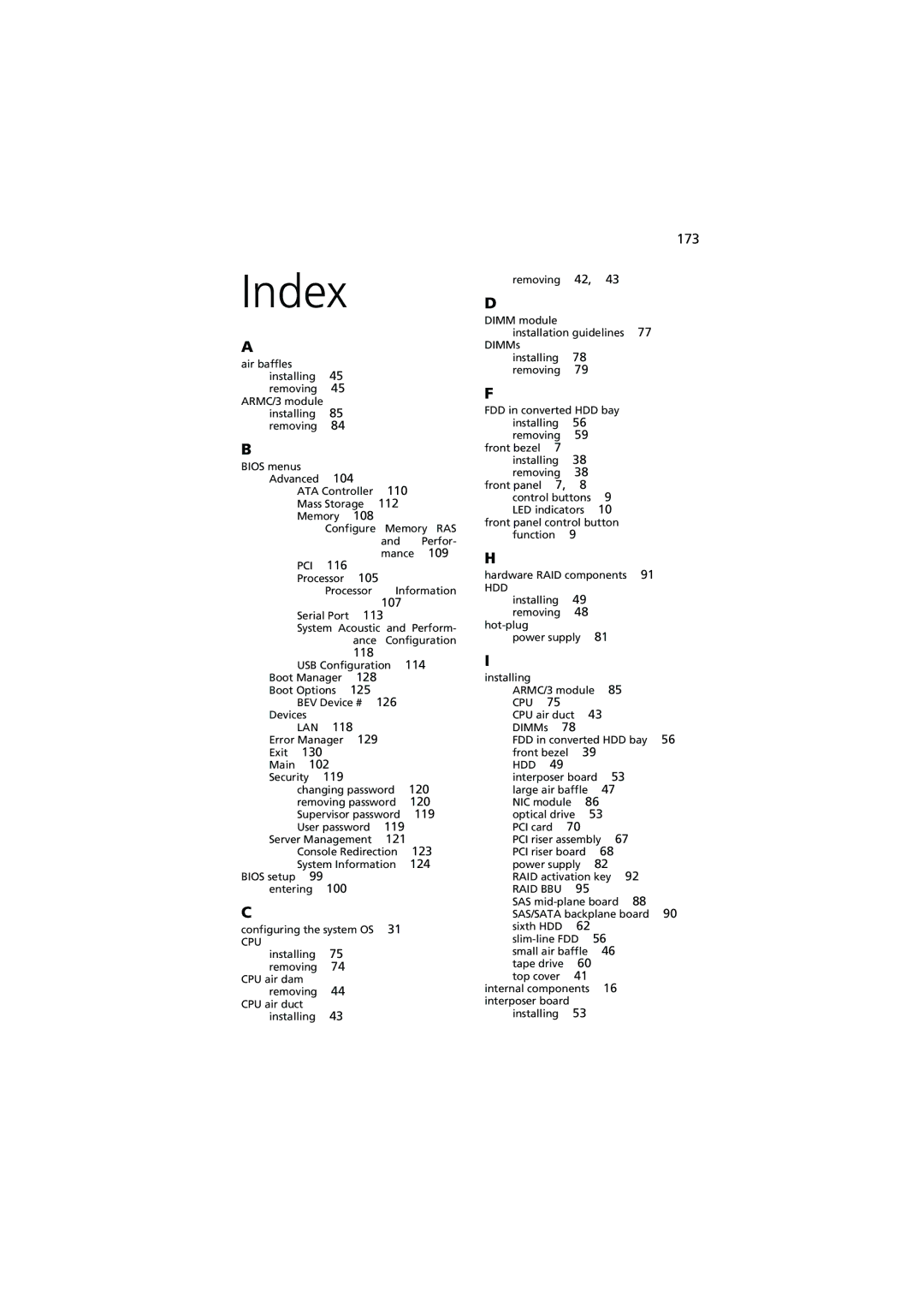 Acer R720 Series manual Index, 173 