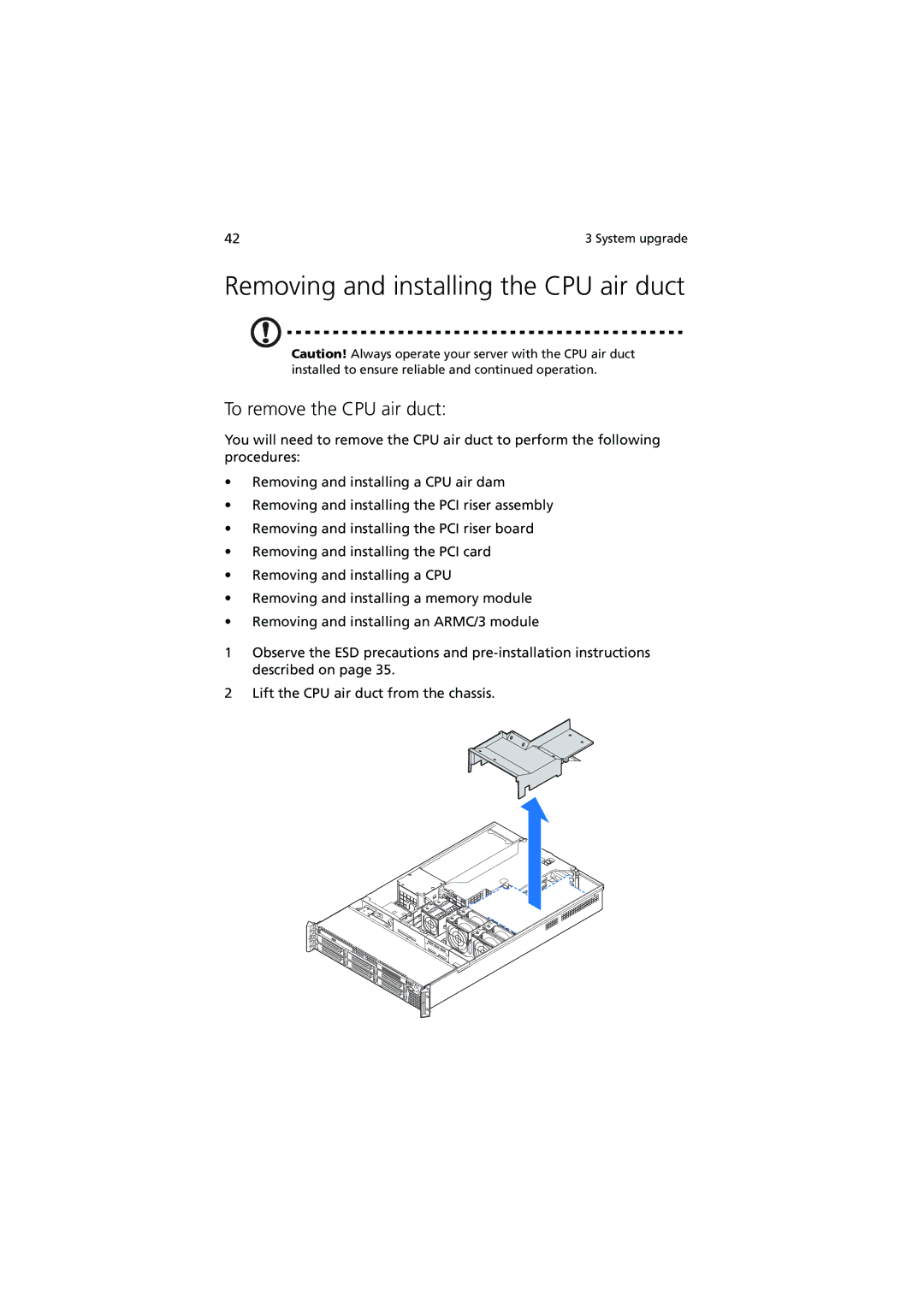 Acer R720 Series manual Removing and installing the CPU air duct, To remove the CPU air duct 